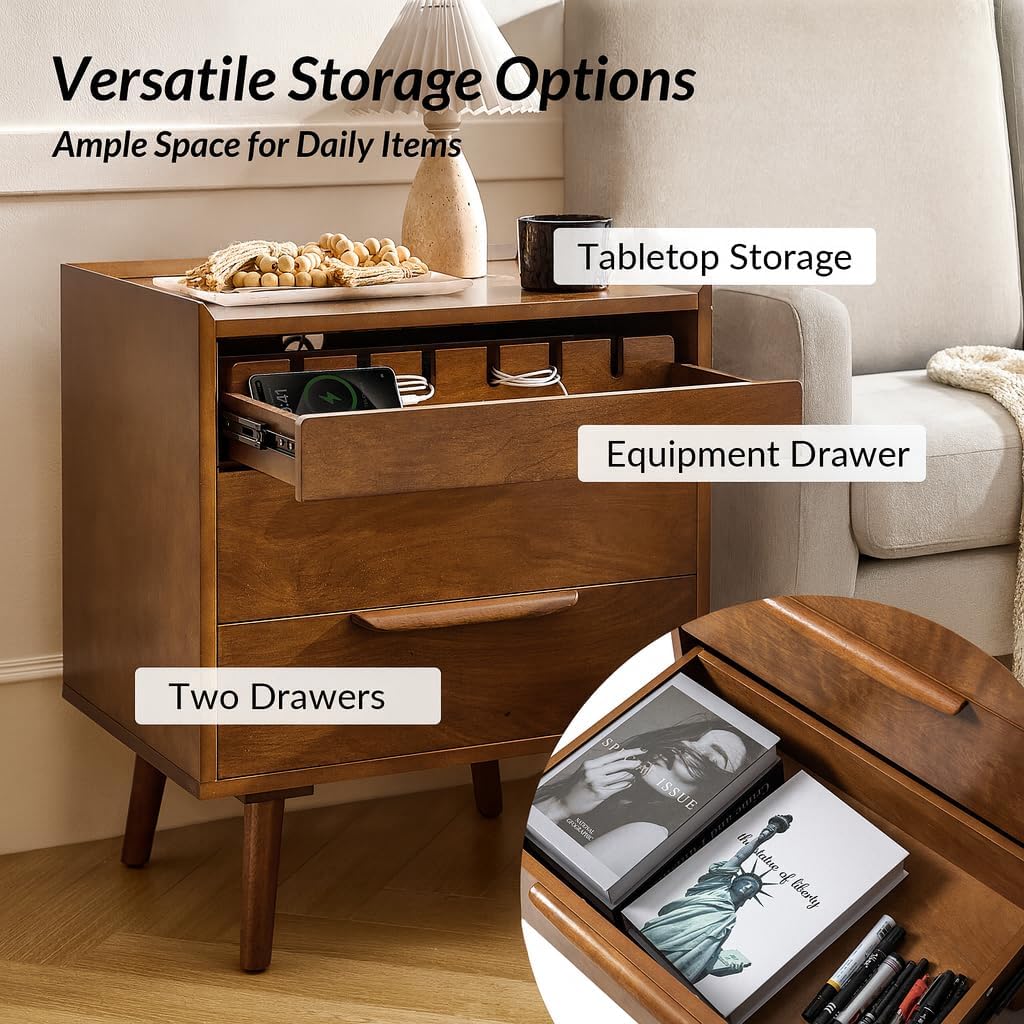 HULALA HOME 2 Drawer End Table with Pull-Out Shelf, Mid-Century Modern End Table with Wood Legs, Wood Side Table with Charging Station(Acorn)