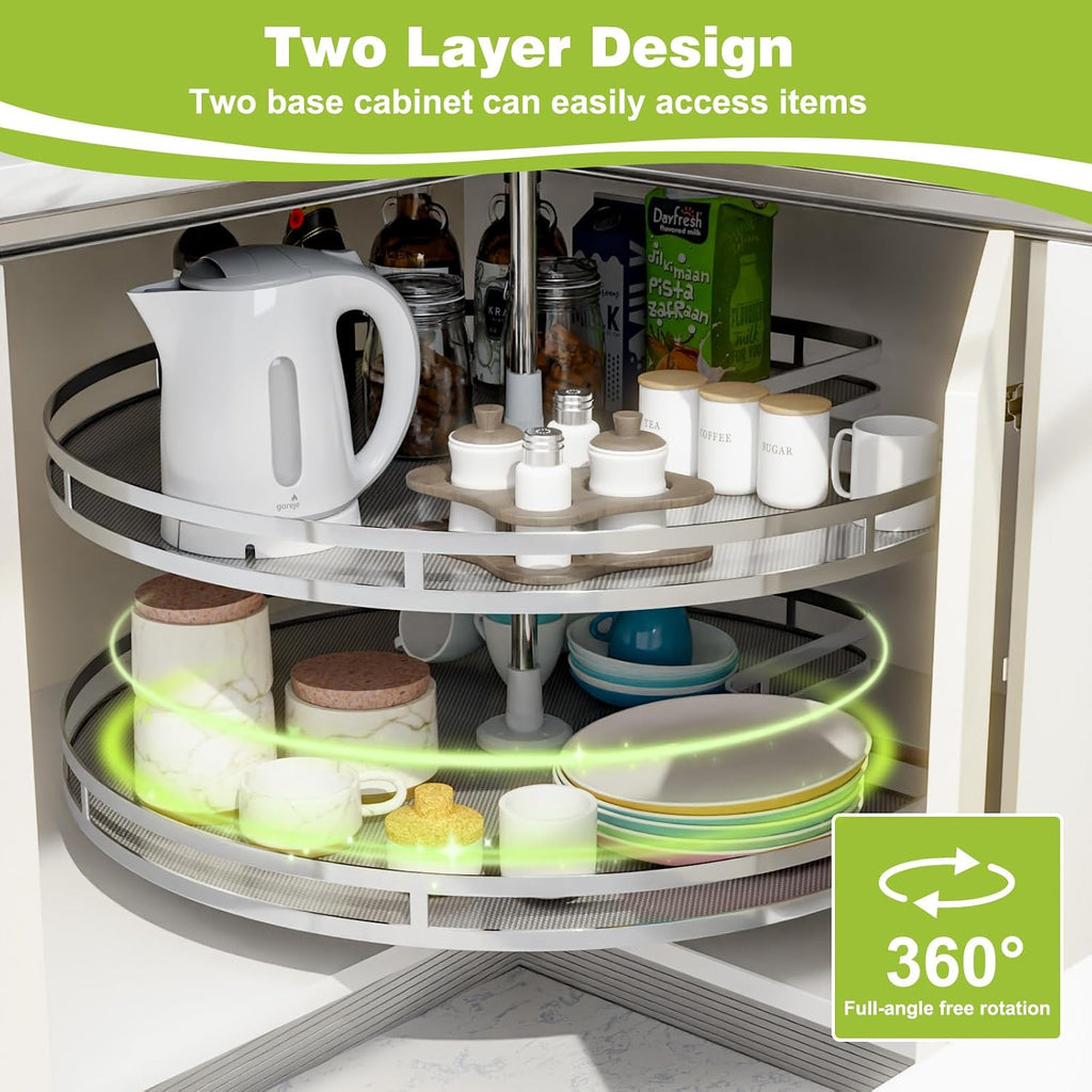 Blind Corner Cabinet Kidney Lazy Susan, Soft Close Rotary Cabinet Organizer 32inch, Corner Cabinet Lazy Susan for Blind Shelf, 2 Tiers Tray, Adjustable Height