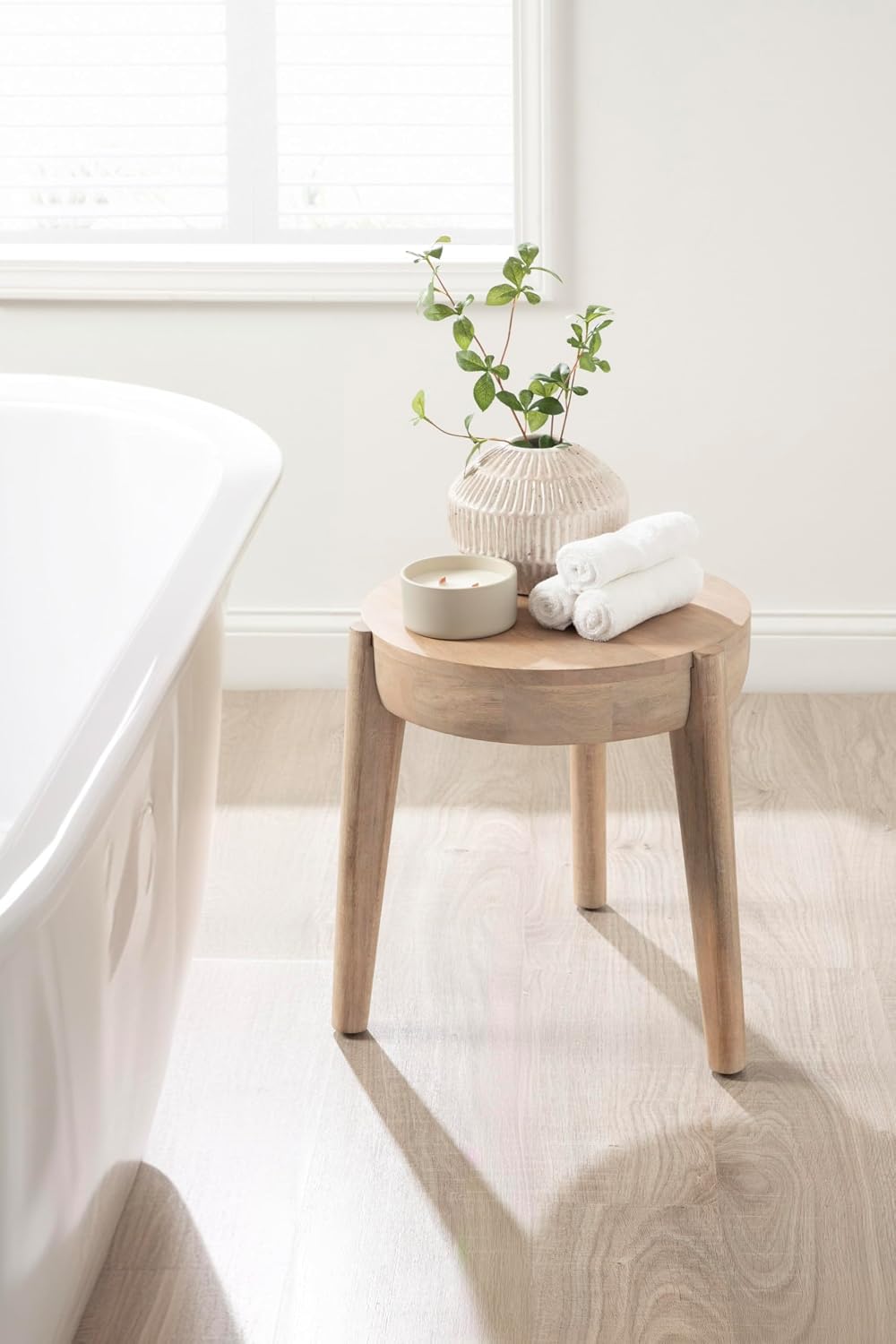 Kate and Laurel Vola Round Wood Side Table, 17 x 17 x 18, Natural Wood, Transitional End Table for Use as Bedside Nightstand, Living Room Ottoman, or Bedroom Vanity Stool