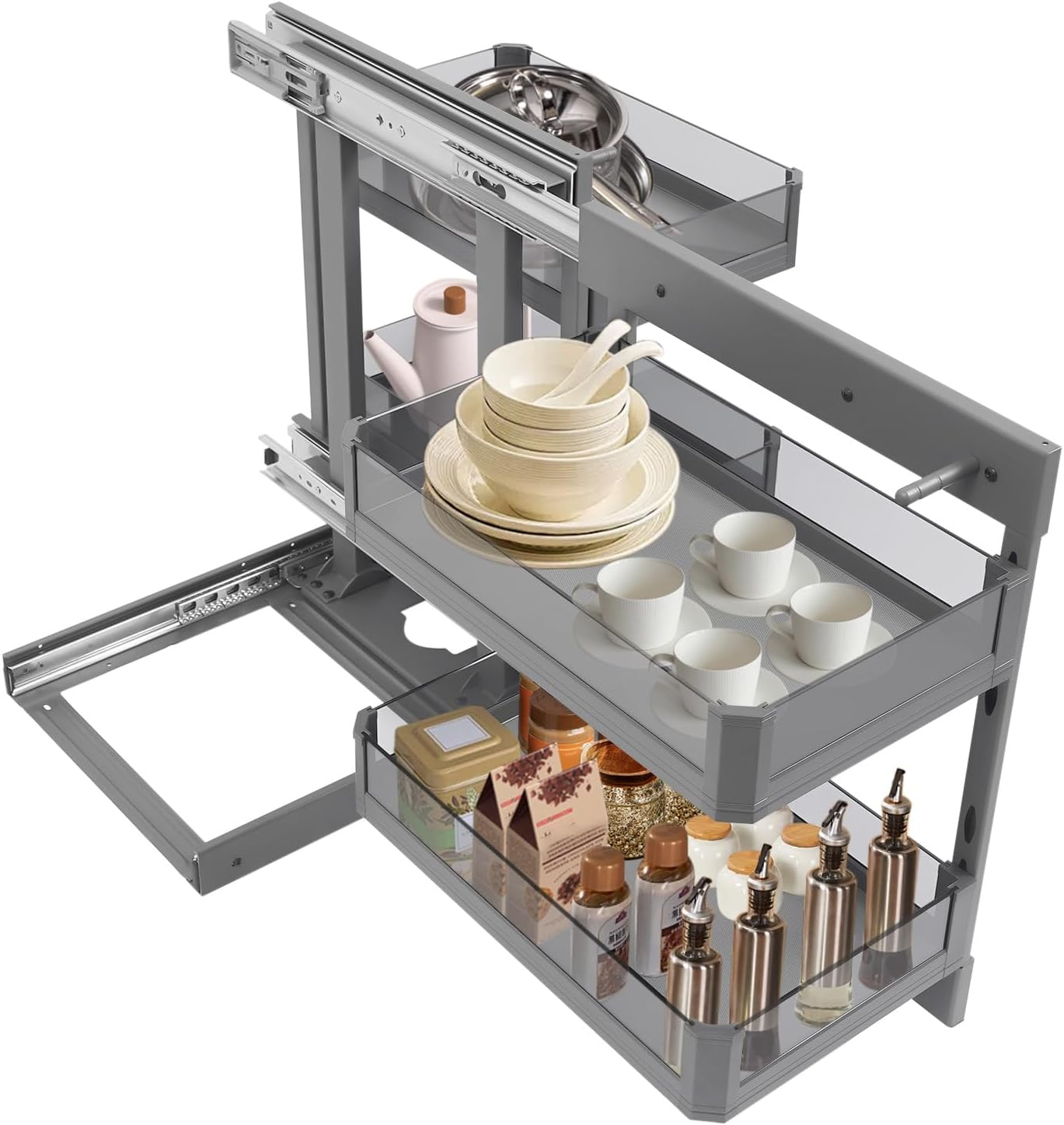 Blind Corner Cabinet Pull Out Right, 15 Inch Blind Corner Cabinet 2 Tiers Organizer Adjustable Design, Hidden Slide Out Shelves for Store Kitchen Utensils (Pull Out Left & Right, Style3)