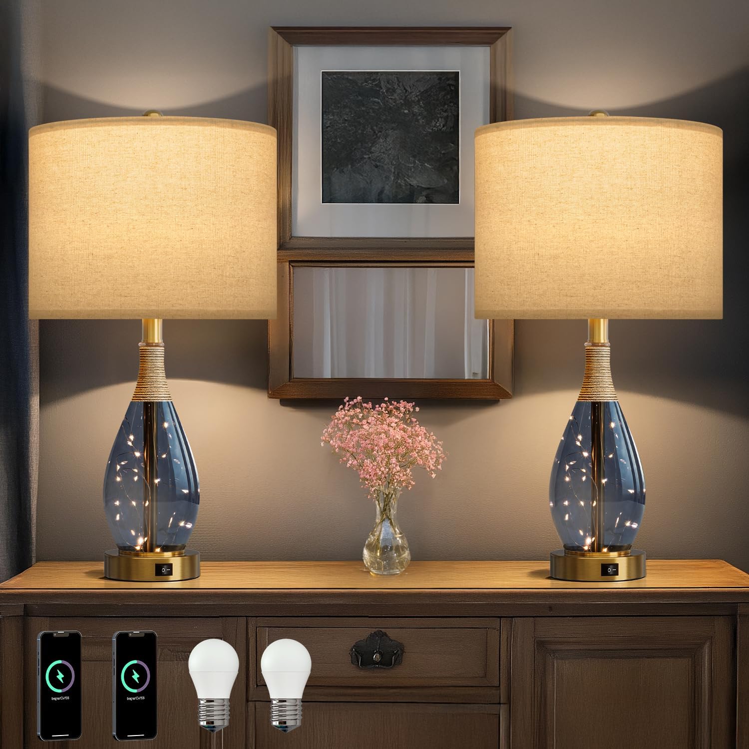 OYEARS 23' Table Lamps for Living Room Set of 2 Bedside Lamps for Night Stands Bedroom Lamps Farmhouse Rattan Boho Lamp Glass Nightlight End Table Lamp with USB C+A (Blue),Two Light Points