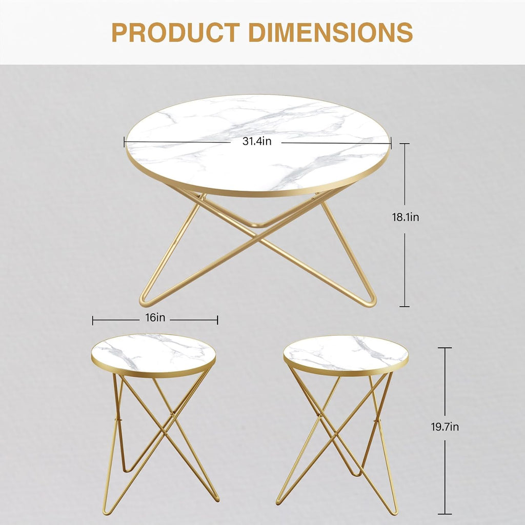 HLR Modern Round Coffee Table and Side Table Set of 3,End Table with Faux Marble Top and Gold Metal Frame, Side Table for Living Room, Bedroom, Sofa and Couch, Gold Legs, White Marble Top