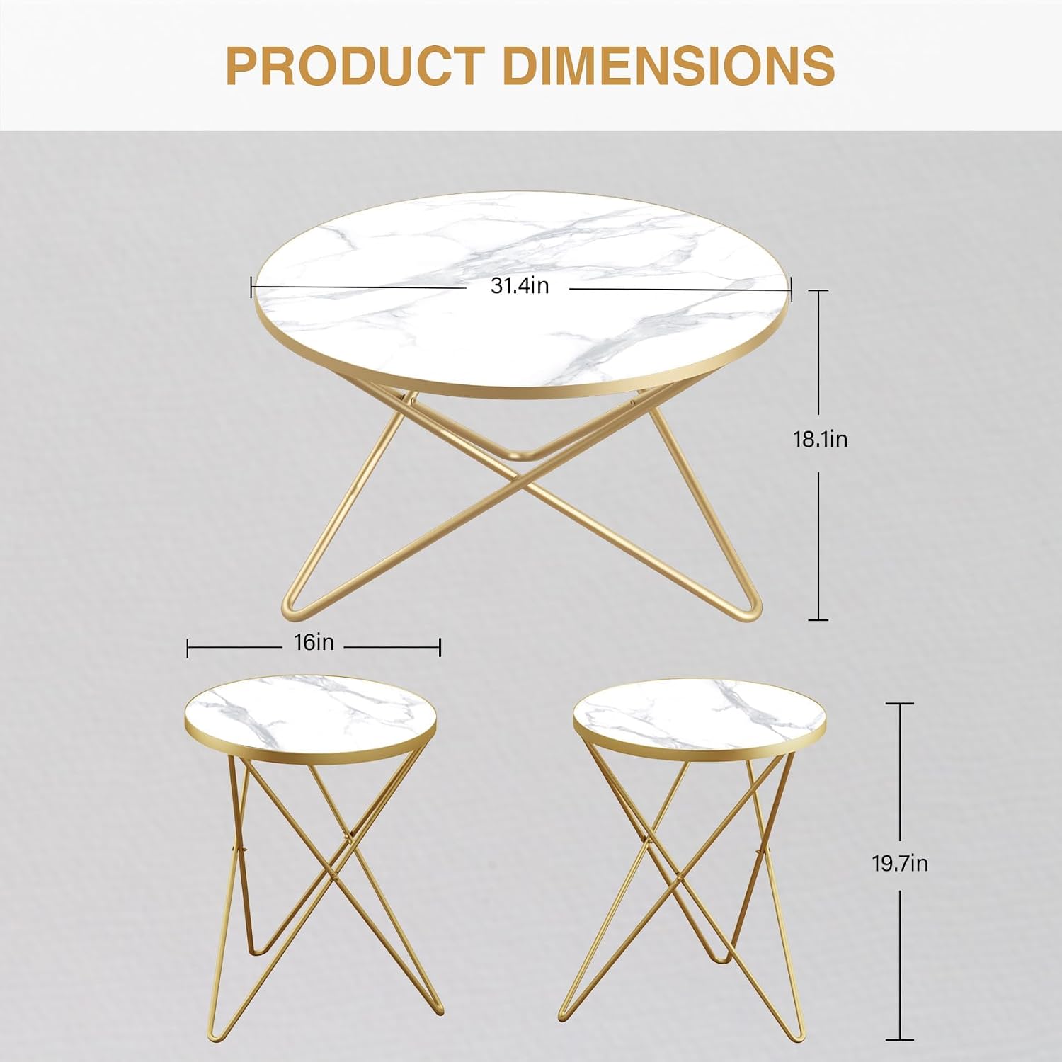 HLR Modern Round Coffee Table and Side Table Set of 3,End Table with Faux Marble Top and Gold Metal Frame, Side Table for Living Room, Bedroom, Sofa and Couch, Gold Legs, White Marble Top