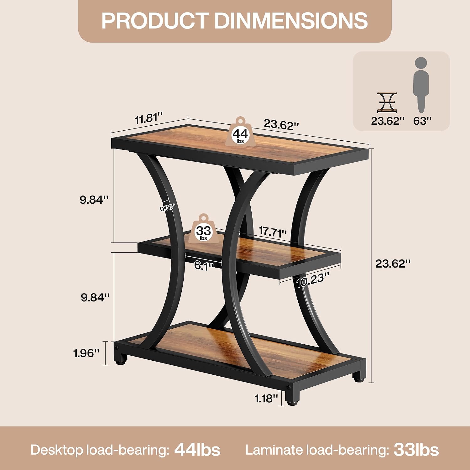 Tribesigns End Table Set of 2, 3-Tier Side Table with Geometric Metal Design, Industrial Nightstand for Small Spaces, Living Room, Bedroom, Study Room (Rustic Brown)