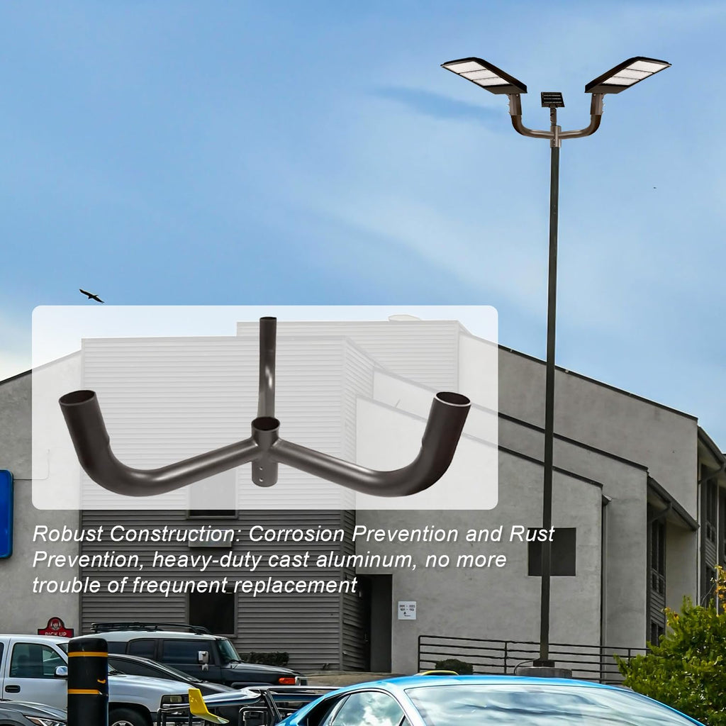 Triple 120° Bullhorn Tenon Adapter for 3 Light Fixtures with 2 3/8' Slip Fitter, Horizontal Bracket with 3 Arms Mounting for LED Parking Lot Light, Outdoor Shoebox Street Lighting, Dark Bronze
