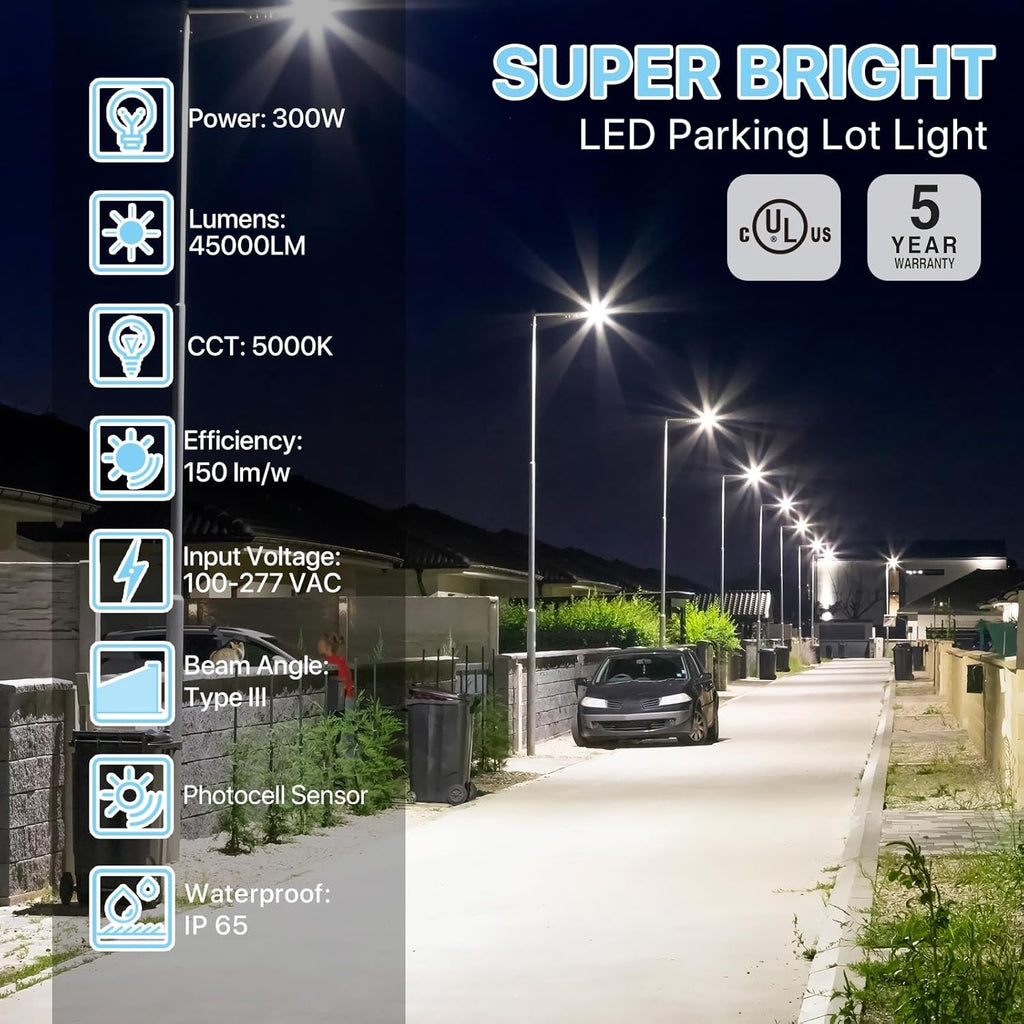 HYPERLITE Parking Lot Lights 300W: 2Packs 45000LM 5000K LED Parking Lot Lights Outdoor with Photocell-UL Listed Commercial Street Area Light LED Pole Light for Roadways Yards Court Barn