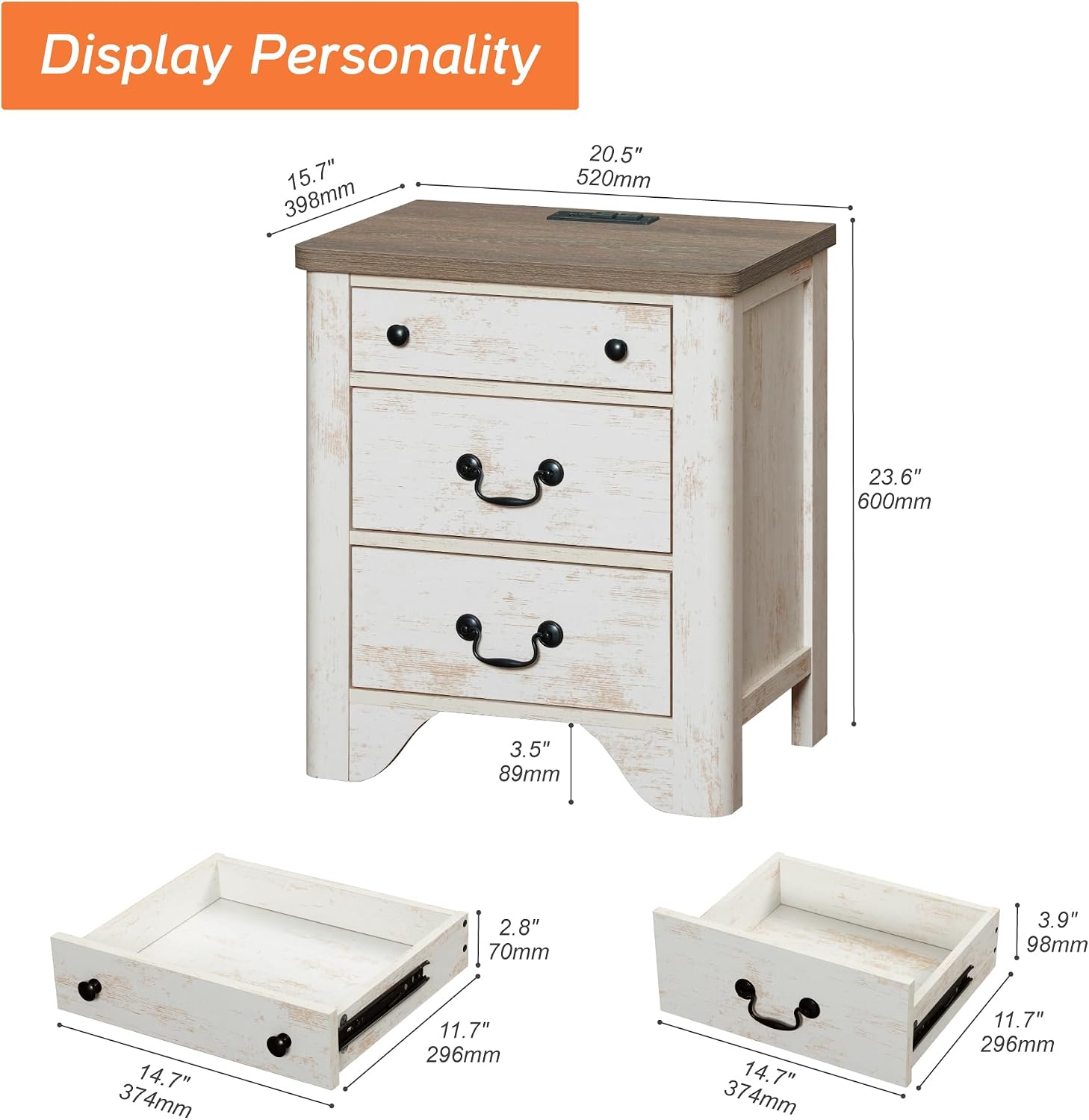 WAMPAT Farmhouse Nightstands Set of 2, 20.5 Inch End Table with Charging Station, Wooden Side Table with 3 Drawers, White End Table Side Table for Bedroom, Living Room, Sofa, Couch, Office