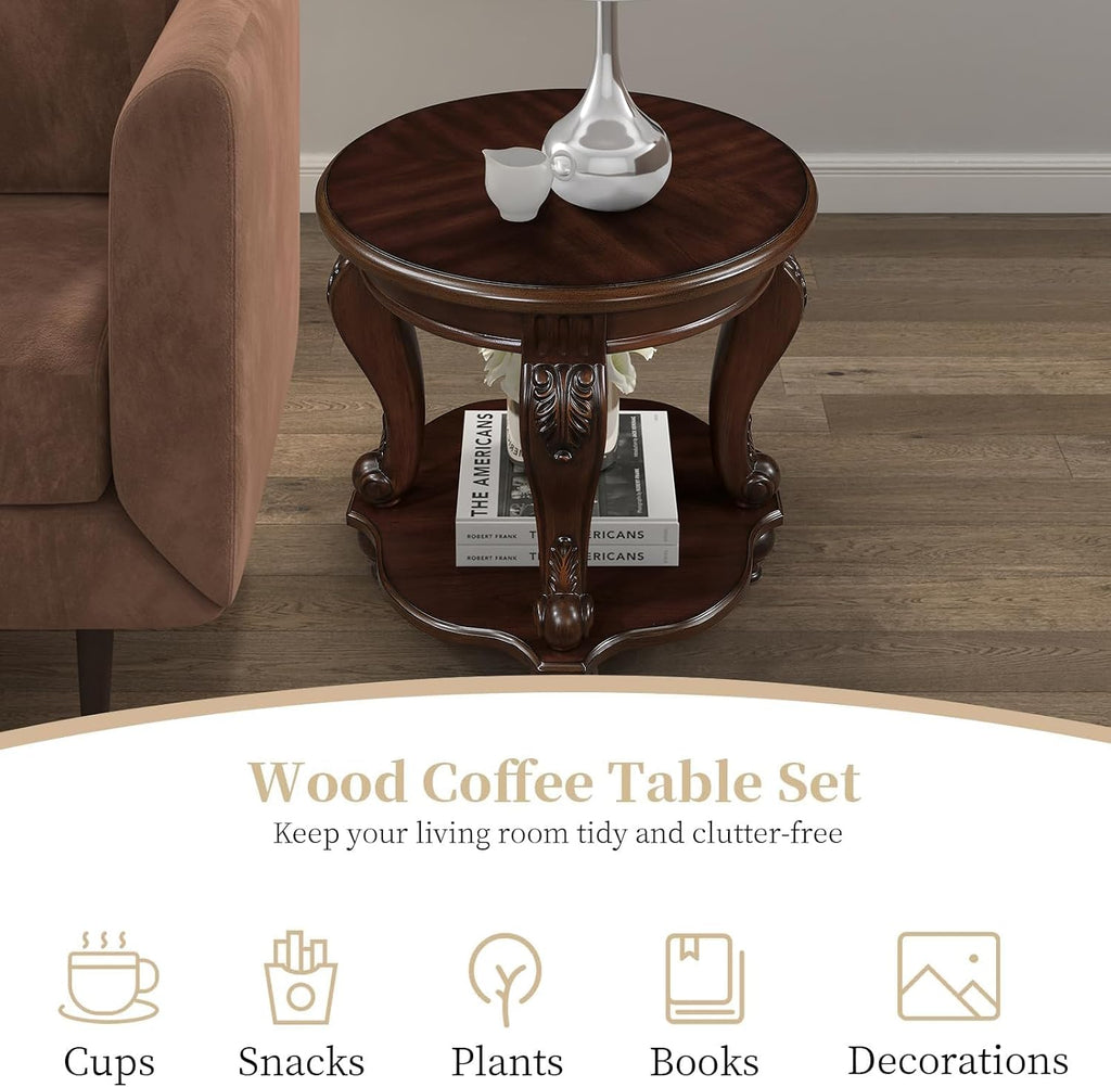 Vintage Small Round End Table 22' Wood Side Table, Antique Table Legs with Elegant Carvings, Easy Assembly, Cherry
