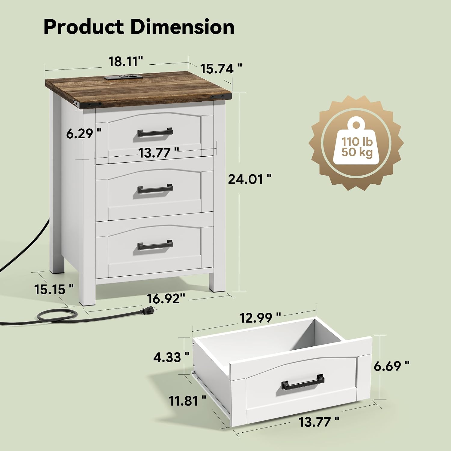 Decofy Farmhouse Nightstand Set of 2 with Charging Station, 18'' Wide Rustic End Table with USB/Type-C Ports, 3 Drawers, Wood Bedside Table for Bedroom, White