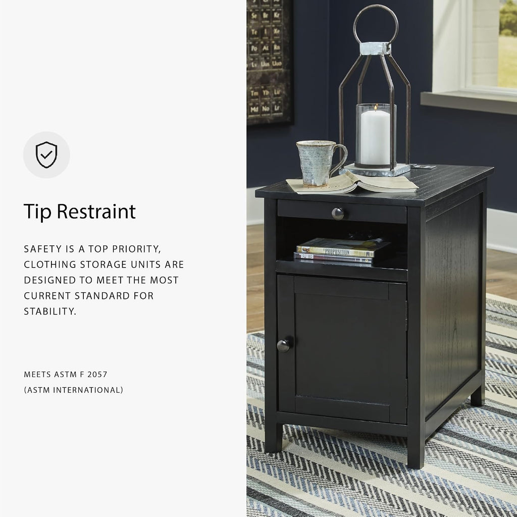 Signature Design by Ashley Treytown Casual Compact Chairside End Table with a Storage Cabinet, Open Cubby Shelf, Pull-Out Tray & USB Charging Ports, Black