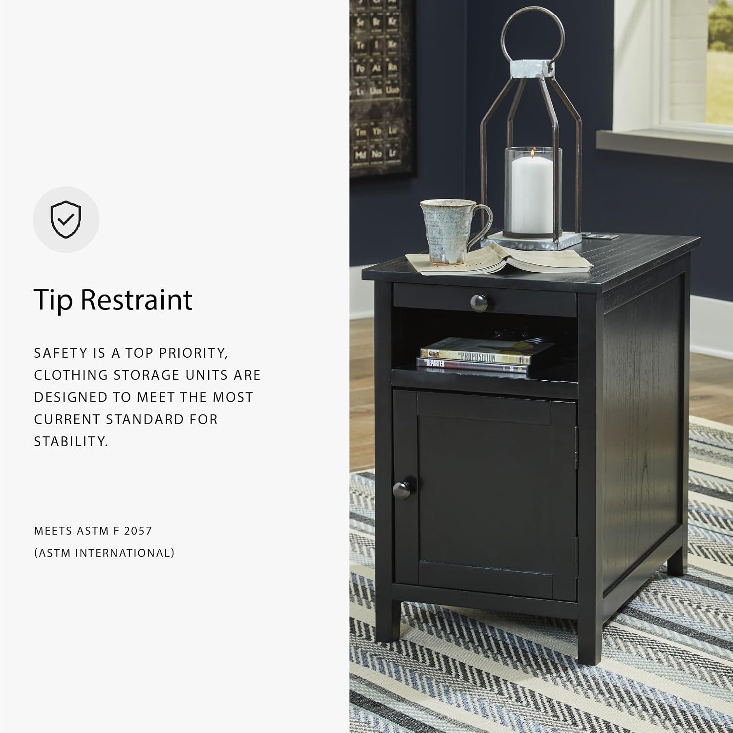 Signature Design by Ashley Treytown Casual Compact Chairside End Table with a Storage Cabinet, Open Cubby Shelf, Pull-Out Tray & USB Charging Ports, Black