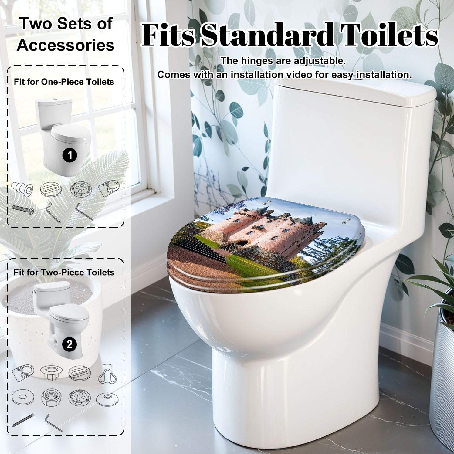 Elongated Toilet Seat Craigievar Castle Aberdeenshire Scotland Resin Toilet Seat Slow Quiet Close Lid with Quick-Release Hinges Cover Bumpers Easy to Clean Install