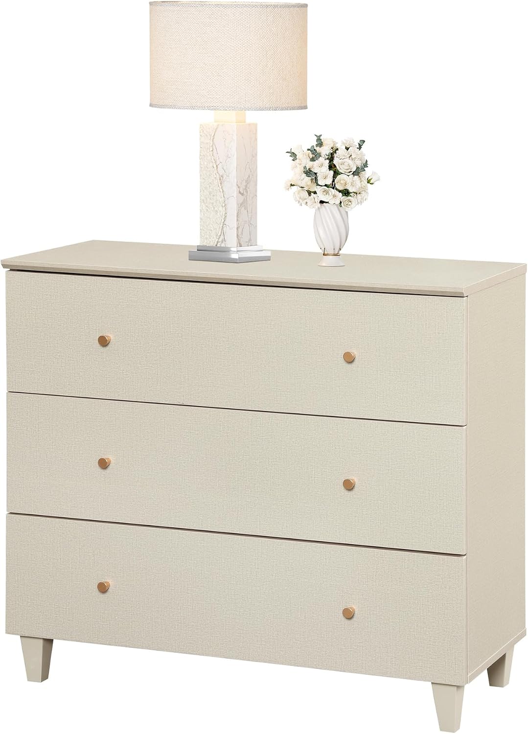 WAMPAT 3-Drawer Nightstand, Modern Wood Bedside Table with Wide Drawers, Large Storage Sofa Side End Table for Bedroom or Living Room, Beige Linen Textured, 35 Inches Wide