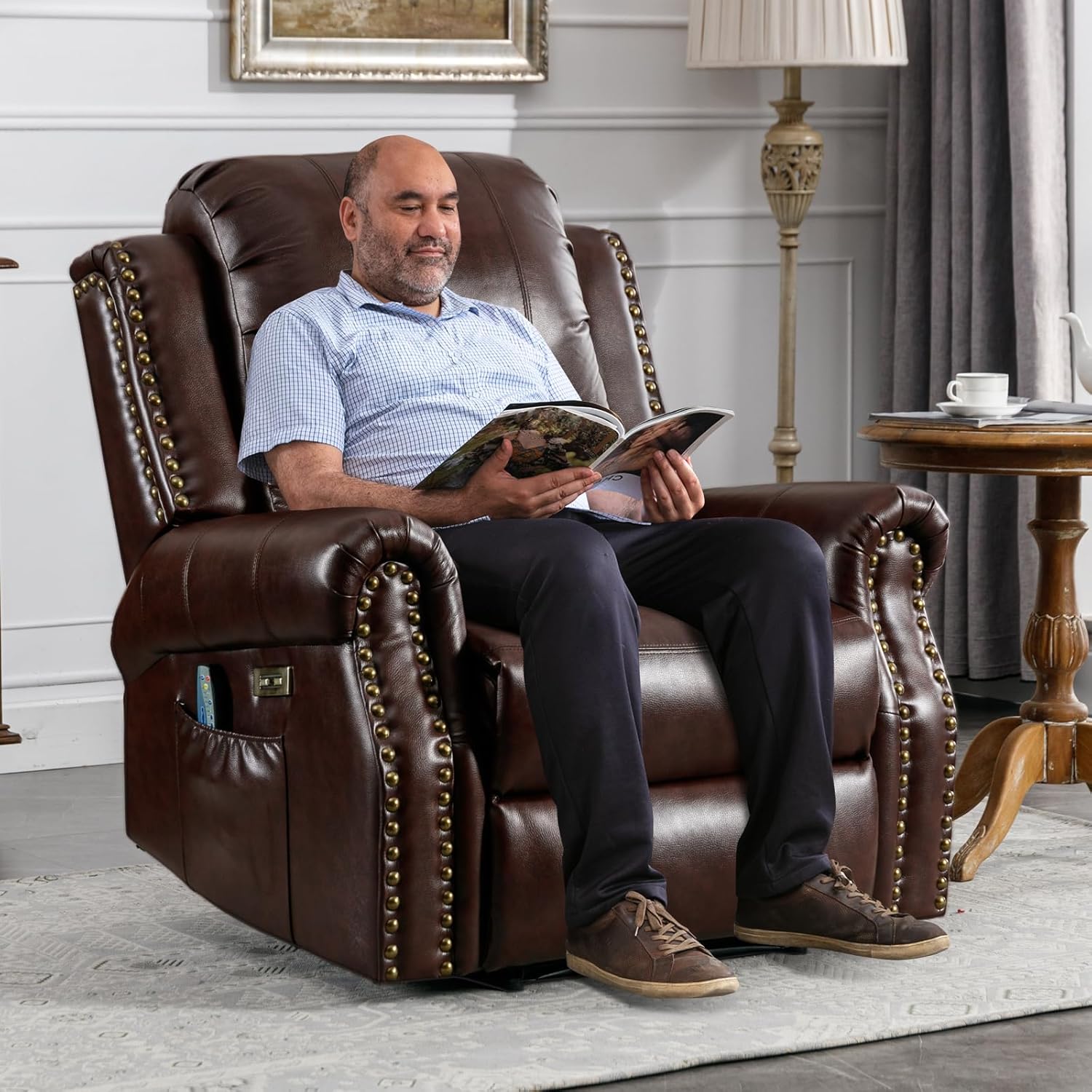 HAOMARKETS Classic Power Recliner Chair with Massage and Heat, Breathable Faux Leather Electric Recliner with USB&Type-C Ports, Overstuffed Reclining Sofa with Rivets for Living Room, Caramel Brown