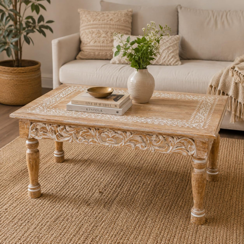 Rectangular Wooden Coffee Table 36x24x18 Inch – Beige Finish with Cutwork Jali Carving, Rustic Farmhouse Style, Mid-Century Modern Living Room Furniture