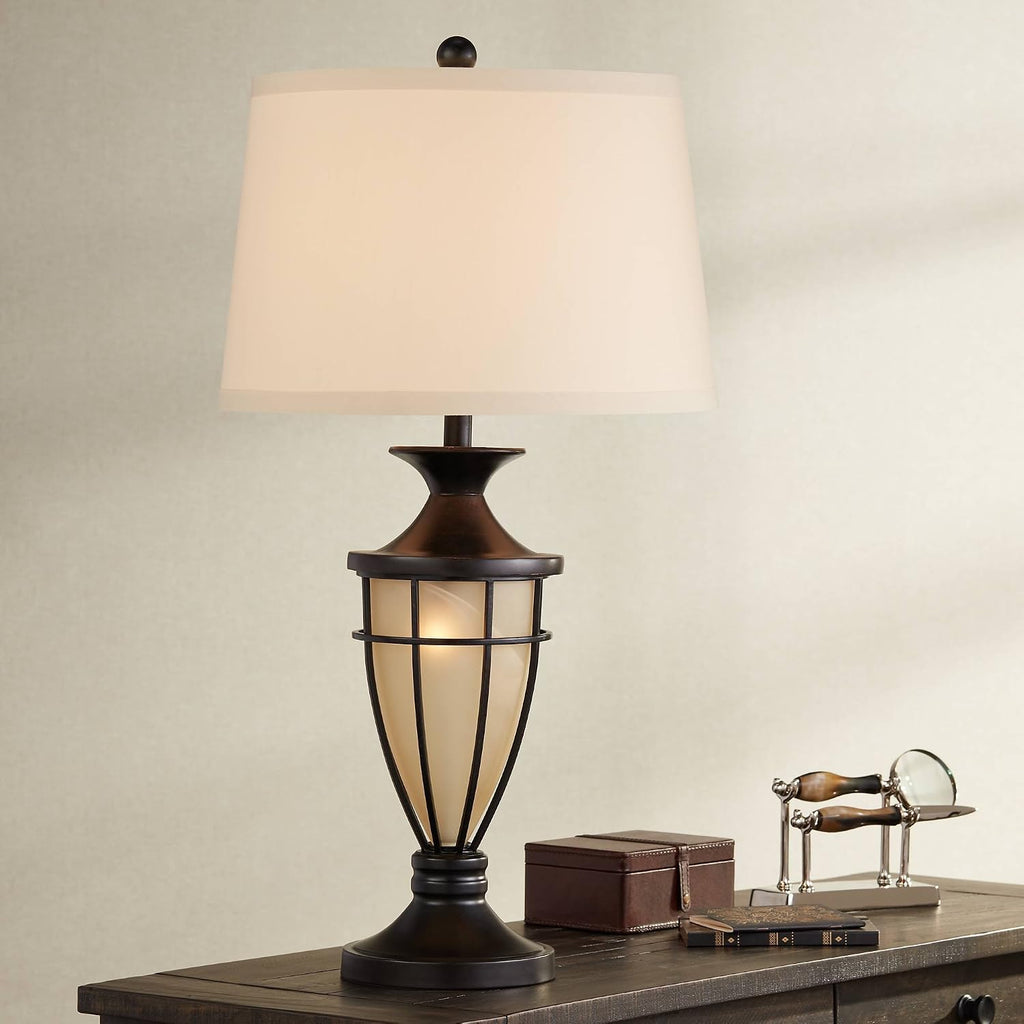 John Timberland Mission Style Table Lamp with Nightlight 33' Tall Champagne Glass Brushed Iron Cage Beige Fabric Drum Shade for Living Room Bedroom House Bedside Nightstand Home Office Entryway