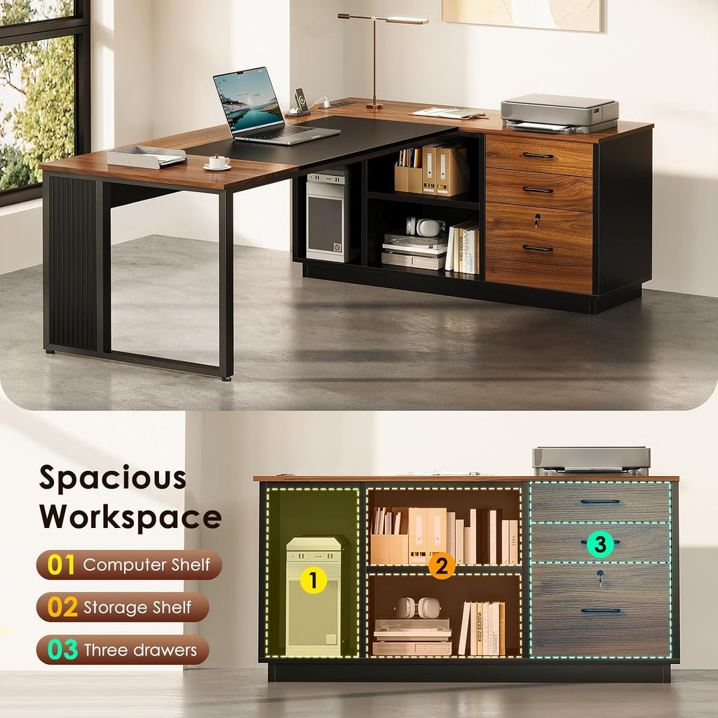 AODK 71 Inch L Shaped Executive Desk with Drawers and File Cabinet, Large Office Desk with Storage Shelves, Corner Computer Desk for Home Office, Walnut + Black
