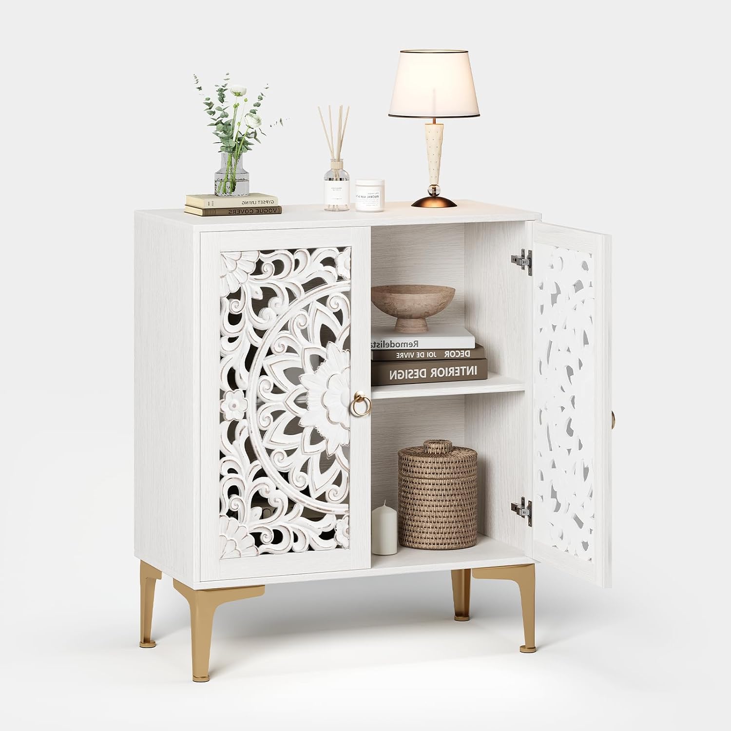 JOINICE Accent Cabinet with Doors, Set of 2, Sideboard Buffet Cabinet with Storage, 31.5' W Buffet Table with Gold Legs and Adjustable Shelf for Living Room, Kitchen, Hallway, White
