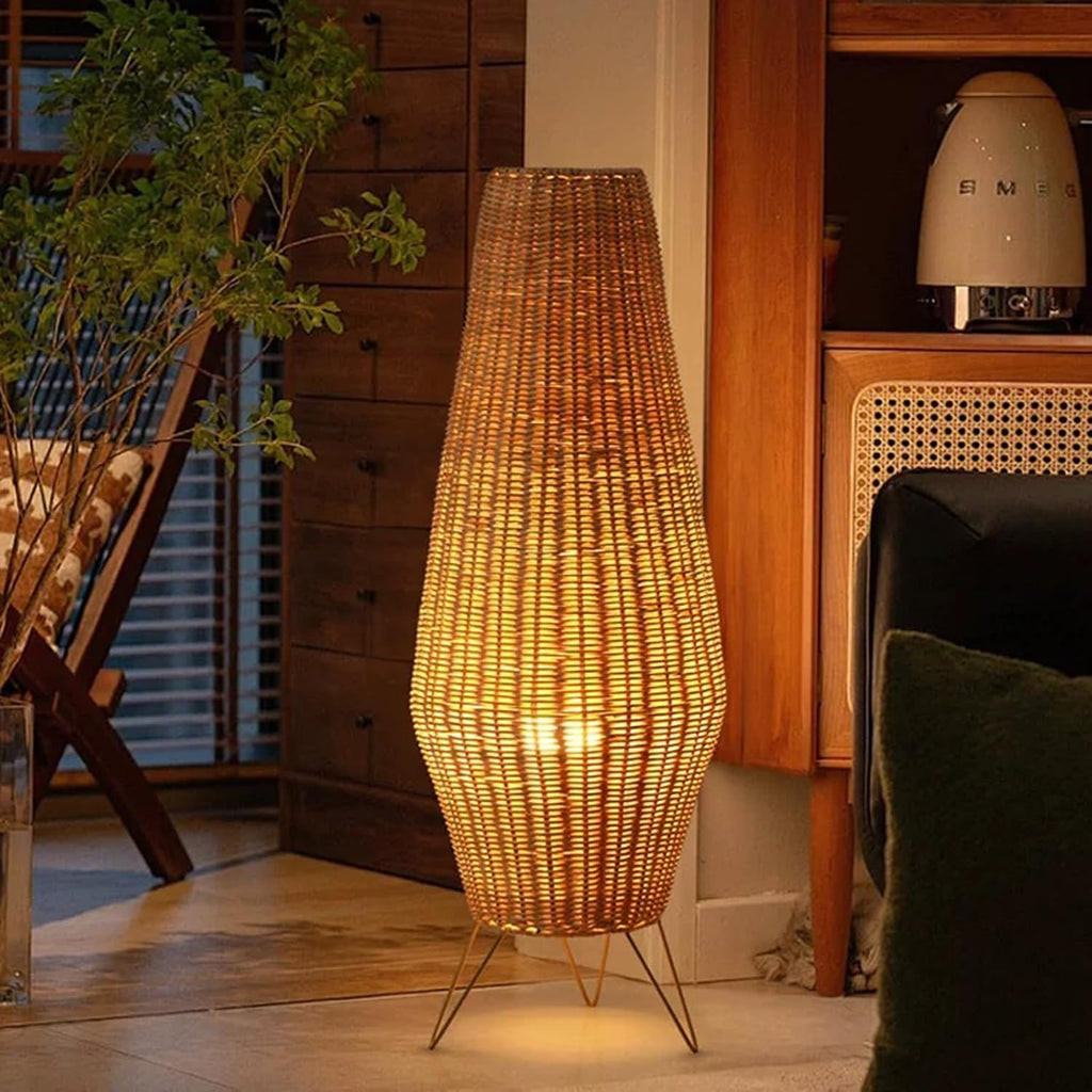 Boho Floor Lamp,Retro Standing Lamps with Rattan Lamp Shade | Farmhouse Standing Light with Foot Switch,Hand-Woven Bamboo Floor Lamps for Bedroom Living Room Kids Room Home Decor