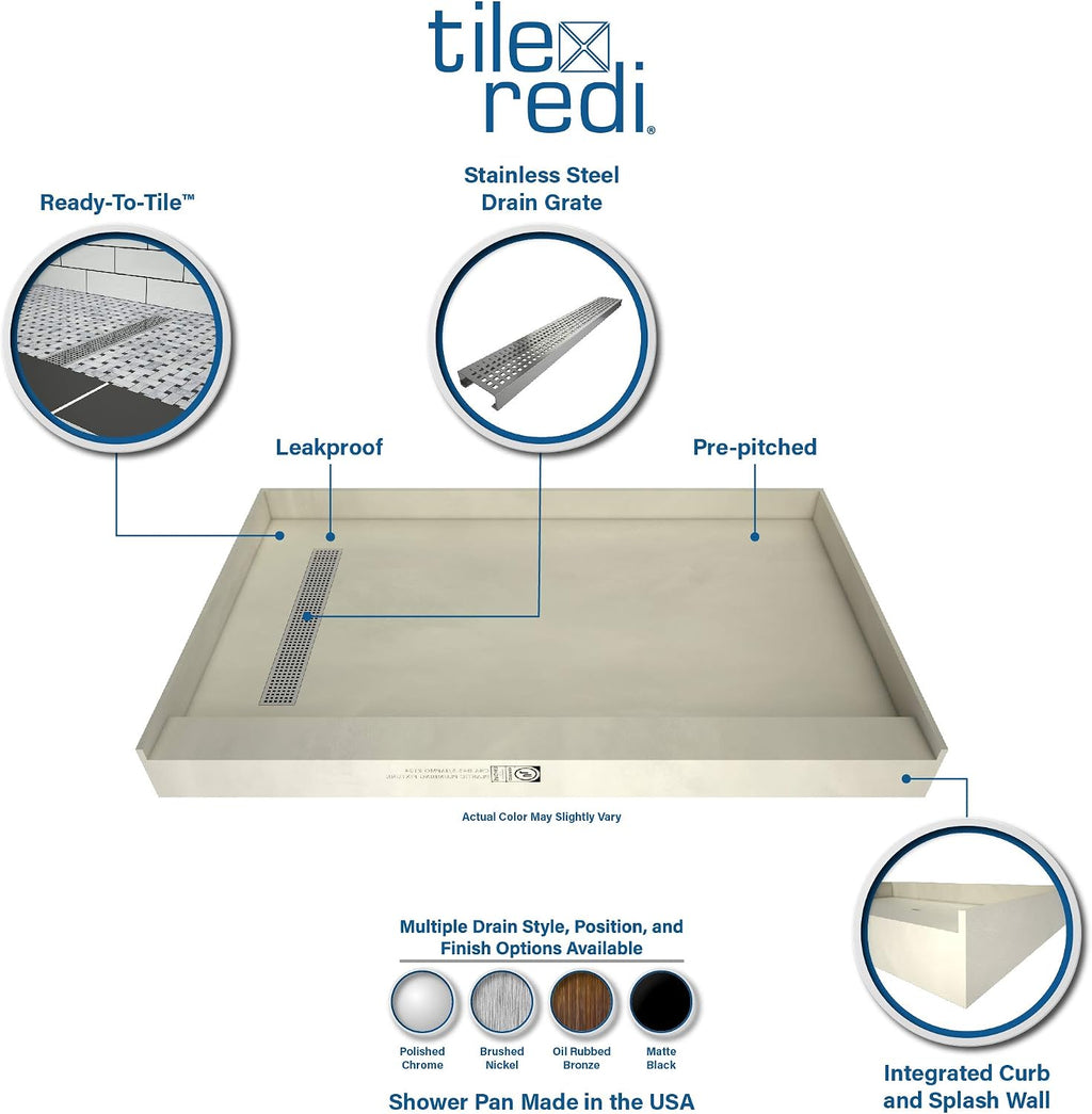 Tile Redi RT3660L-PVC-SQPC Shower Pan with Left Drain- Single Curb Shower Base, 2' PVC Drain, and Grate Included, 60' Width x 36' Depth