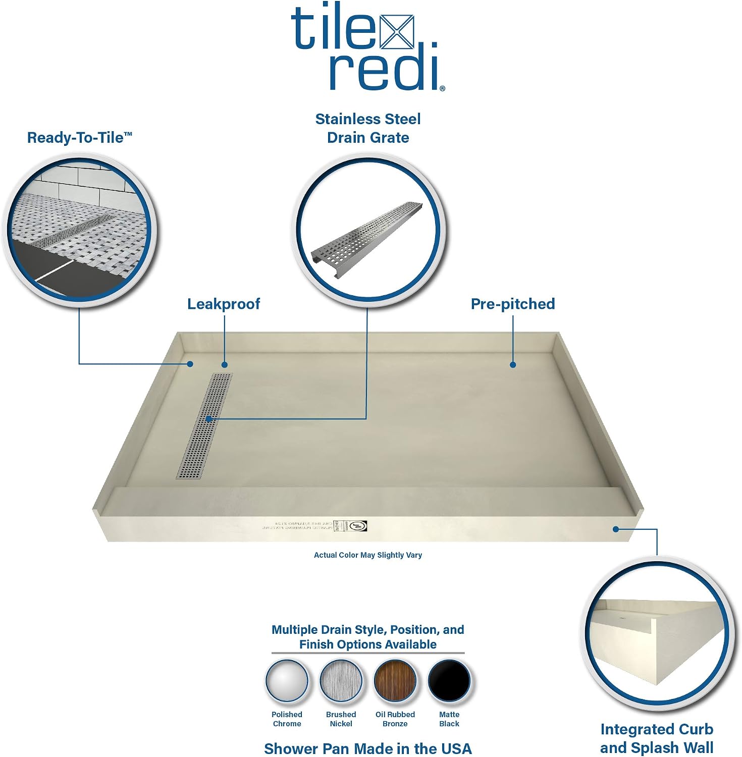 Tile Redi RT3660L-PVC-SQPC Shower Pan with Left Drain- Single Curb Shower Base, 2' PVC Drain, and Grate Included, 60' Width x 36' Depth