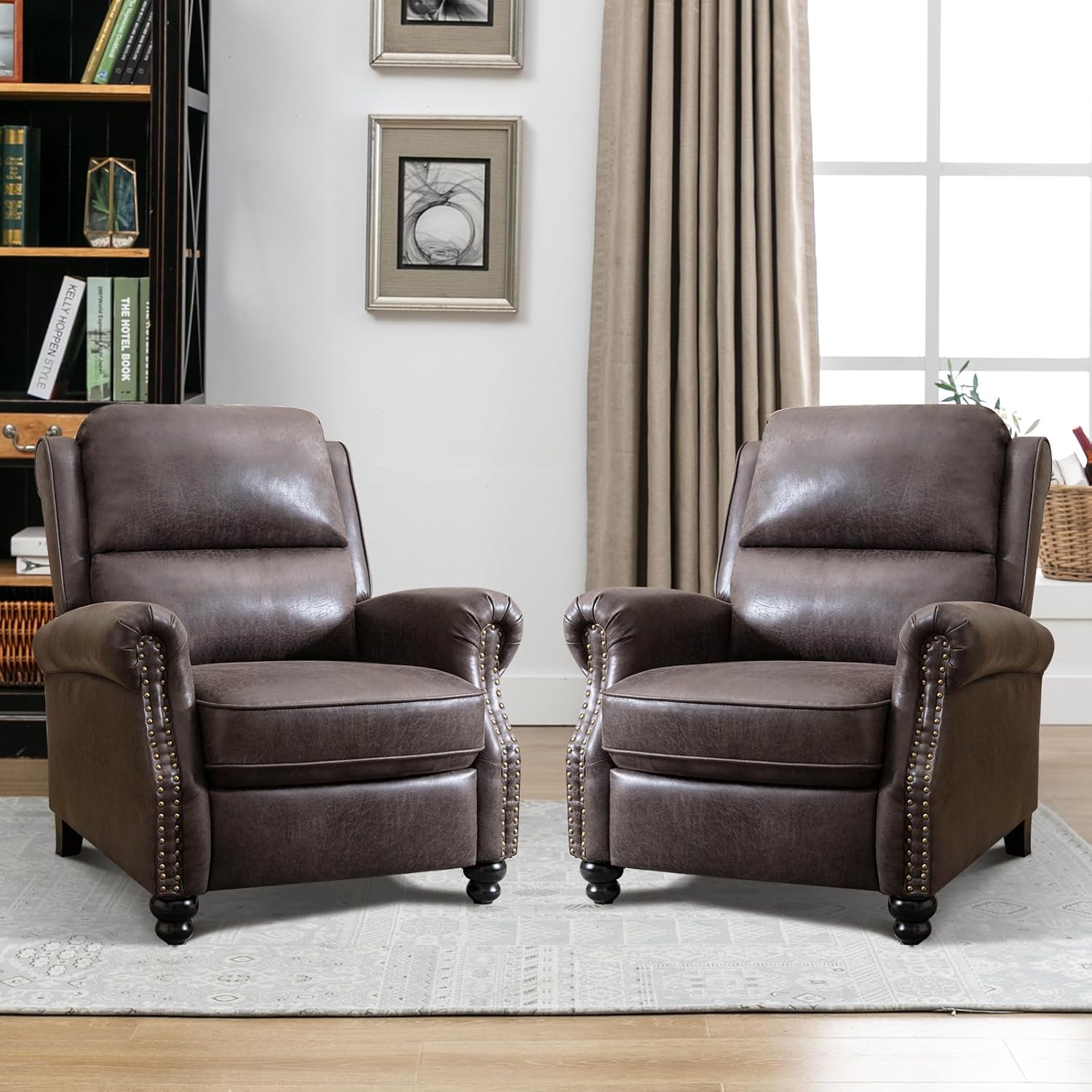 CANMOV Pushback Recliner Chair Set of 2, Faux Leather Armchair Push Back Recliner with Rivet Decoration Single Sofa Accent Chair for Living Room, Dark Grey