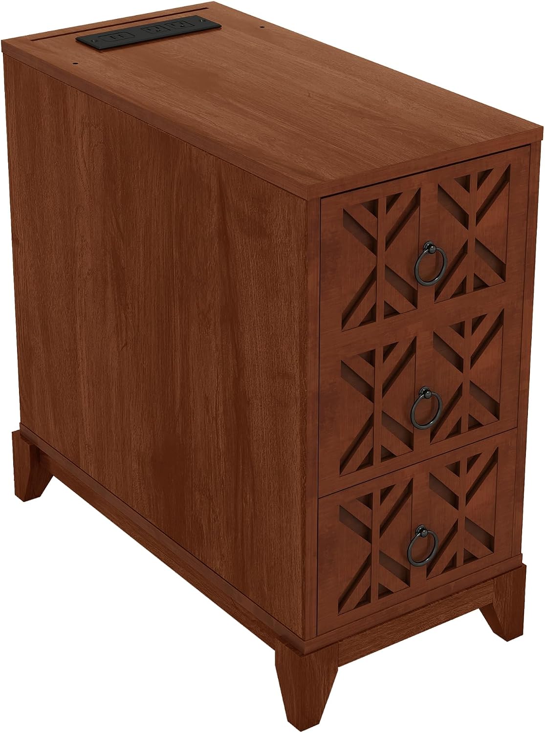 Mirightone Tall End Table with 3-Drawer and Shelves, Narrow Side Table with Charging Station, High Slim Corner Cabinet Bedside Table with Storage Bookcase for Living Room Bedroom, Walnut