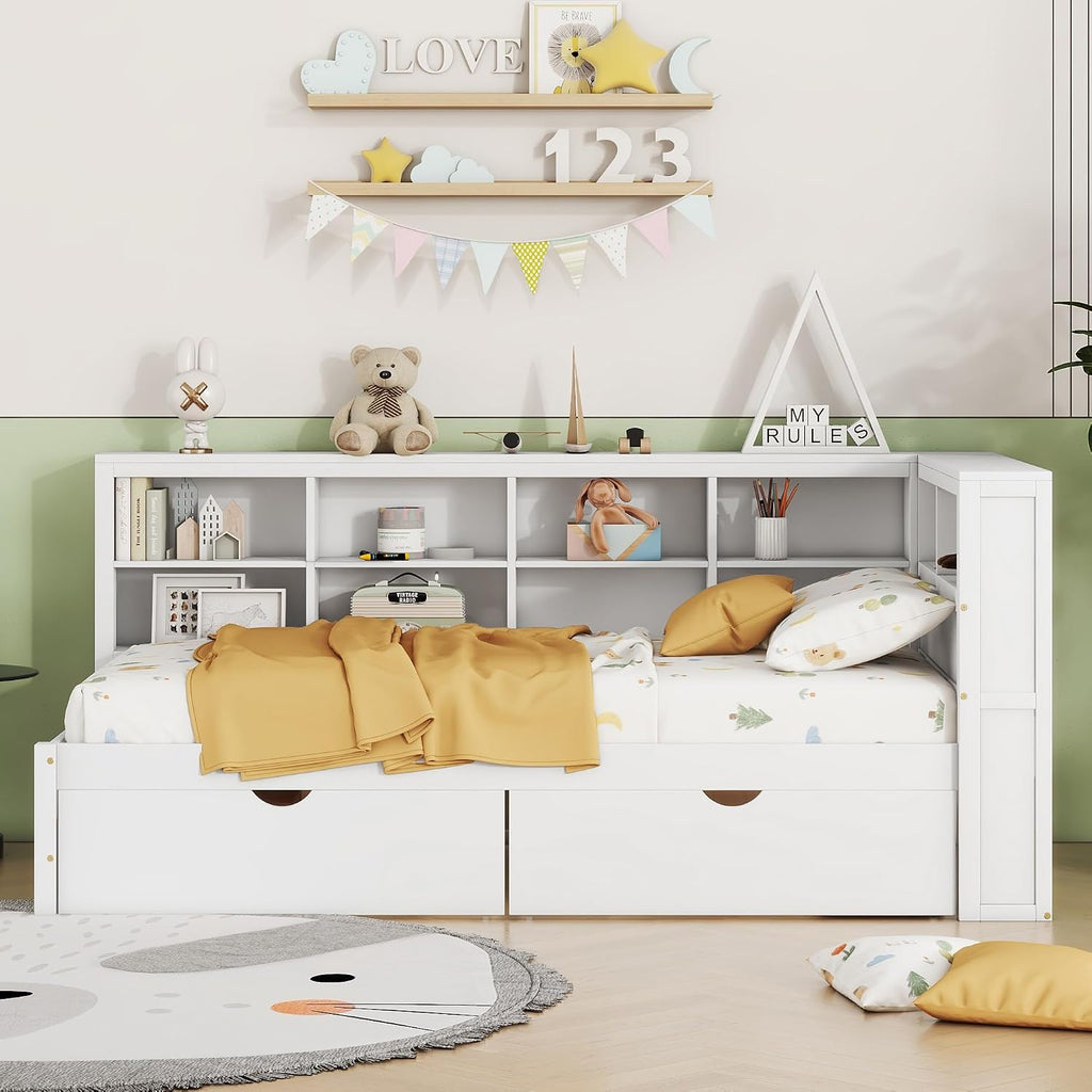 Harper & Bright Designs Twin Size Daybed with 2 Storage Drawers, Wooden Corner Bed Frame with Storage Shelf and USB Charging Ports for Kids Teens, White