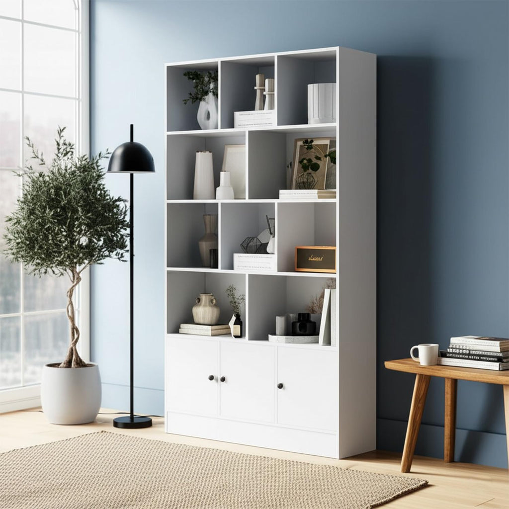 Anystyle White 5-Tier Bookshelf, 13-Cube Display Cabinet with 3 Doors, Freestanding Bookcase with Anti-Tip Kit for Living Room & Home Office, 35.4' W x 11.8' D x 65' H