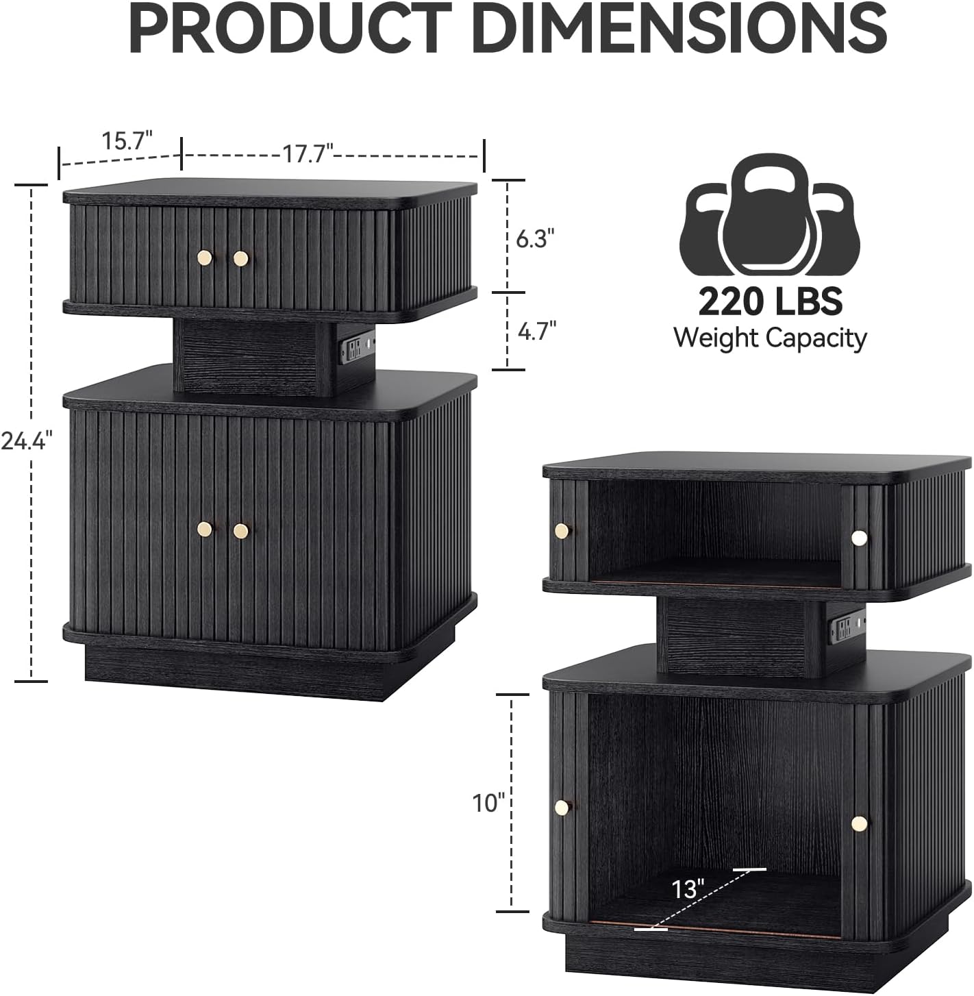 Set of 2 LED Light End Table with Charging Station, Black Mid Century Bedside Table with USB Type A C Ports, Small Fluted Accent TV Control Nightstand with Sliding Door for Living Room, Curvy Edge