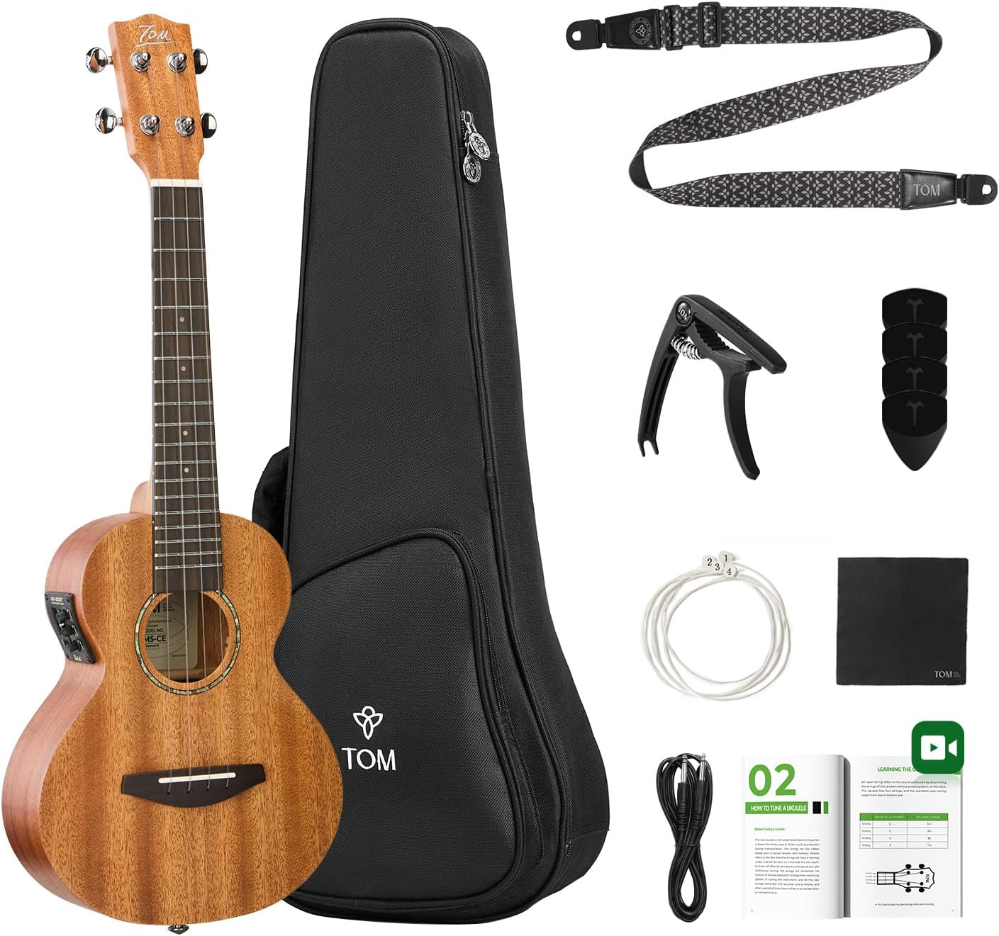 TOM 23″ Concert Electric Ukulele - with UK-500T Pro EQ & Tuner (LCD Display), Solid Mahogany Top, for Beginners & Performers. Complete Kit Includes Bag, Strap, Capo