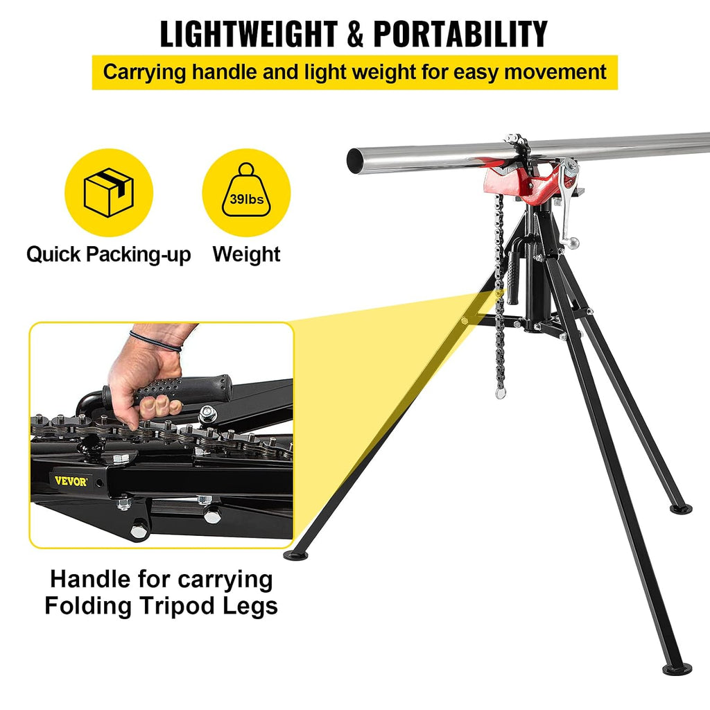VEVOR Tripod Pipe Chain Vise, 1/8'-5' Pipe Capacity, 36.4' Length Chain Vise Stand with Portable Folding Steel Legs, for Grabbing, Supporting and Bending Pipes in Factory, Workshop and Home