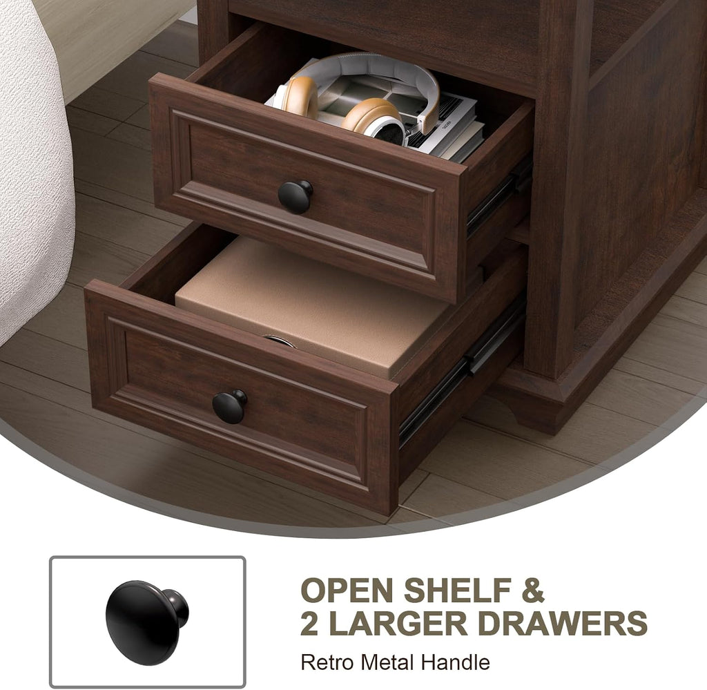 REDAYFUR 18' Wide End Table with Fast Charging Station Set of 2, 18' Wide Sofa Side Table with Drawers,End Table with Drawers for Living Room,Cherry