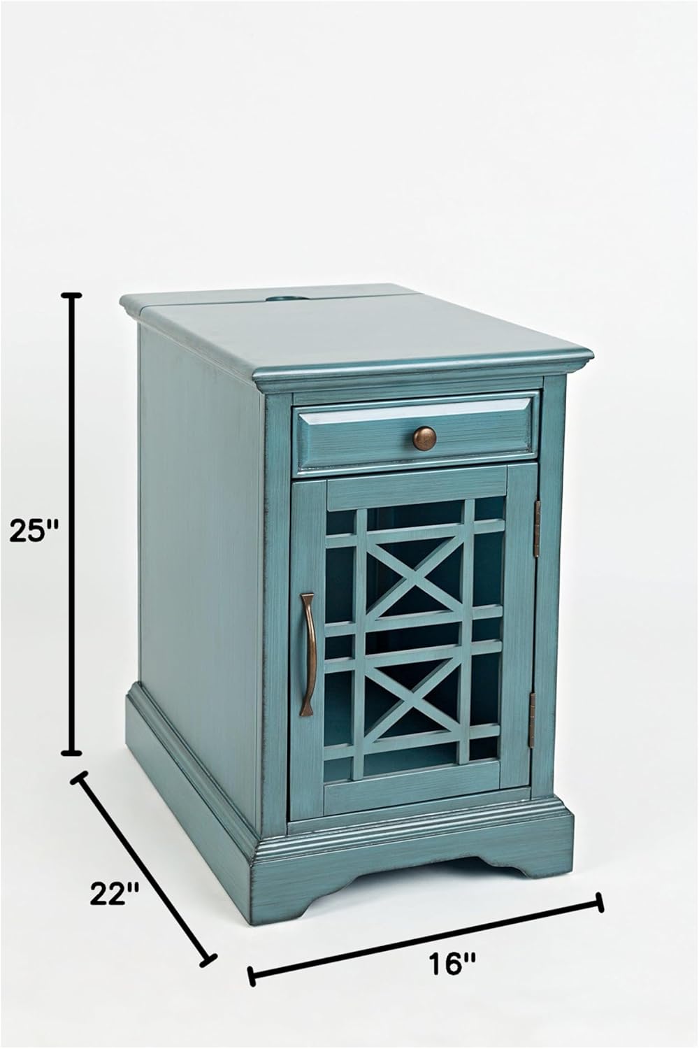 Jofran Farmhouse Craftsman End Table with Charging Station – Narrow Night Stands with USB Charging Port – Space-Saving Design for Bedroom, Living Room, or Entryway, Antique Blue