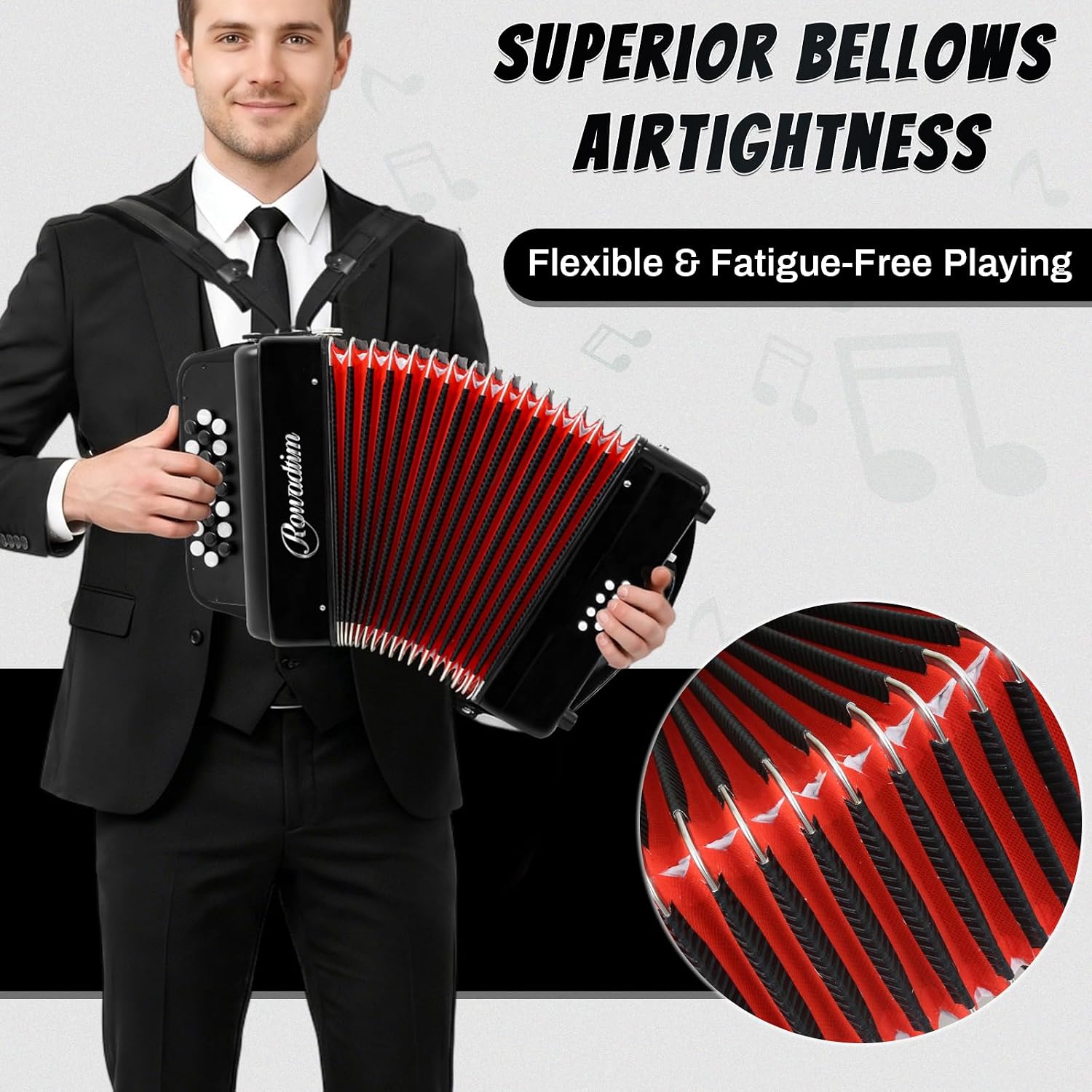 Accordions,22 keys Accordion,8 Bass Student Piano accordions Suitable for beginners and students Lightweight and portable, comes with a backpack and adjustable straps (8 Bass, Black)