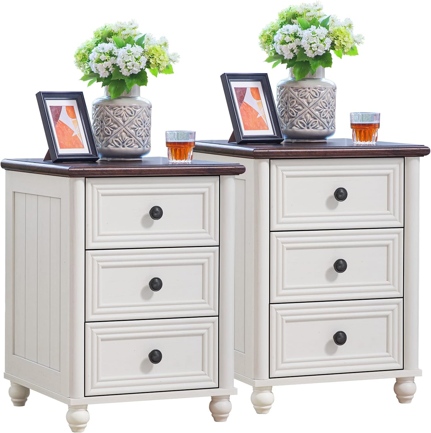 RWYHG 18' Farmhouse Night Stand Set of 2, White Wood Nightstand with 3 Drawers, Bedside End Table with Storage and Roman Column, Bed Side Tables Cabinet for Bedroom, Living Room, and Closet