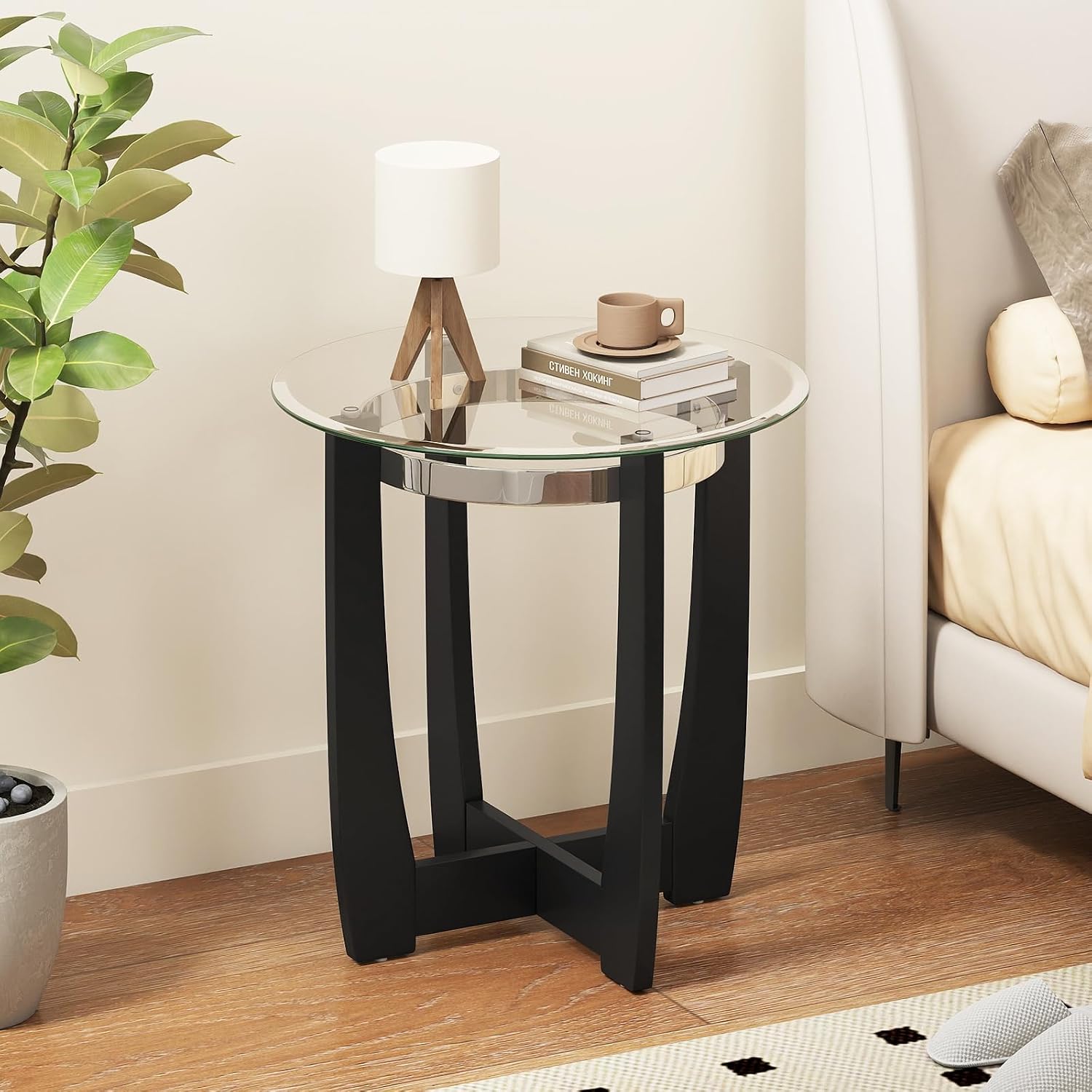 Giantex Round Glass End Table Set of 2, 24'' Side Table with Tempered Glass Top, Nightstands with Cross & Solid Rubber Wood Base, Compact Bedside Night Stand for Bedroom Office Living Room (2, Black)