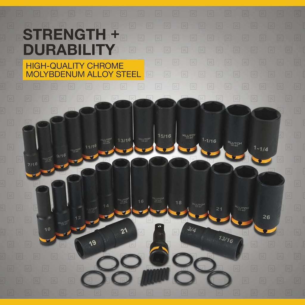 Klutch 1/2in.-Drive Deep Impact Socket Set, SAE + Metric, Chrome Molybdenum, 29-Pc.
