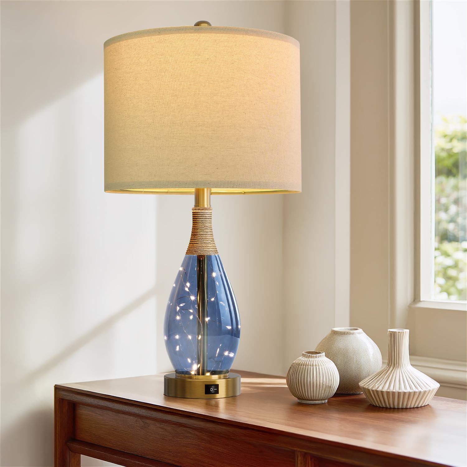 OYEARS 23' Table Lamps for Living Room Set of 2 Bedside Lamps for Night Stands Bedroom Lamps Farmhouse Rattan Boho Lamp Glass Nightlight End Table Lamp with USB C+A (Blue),Two Light Points
