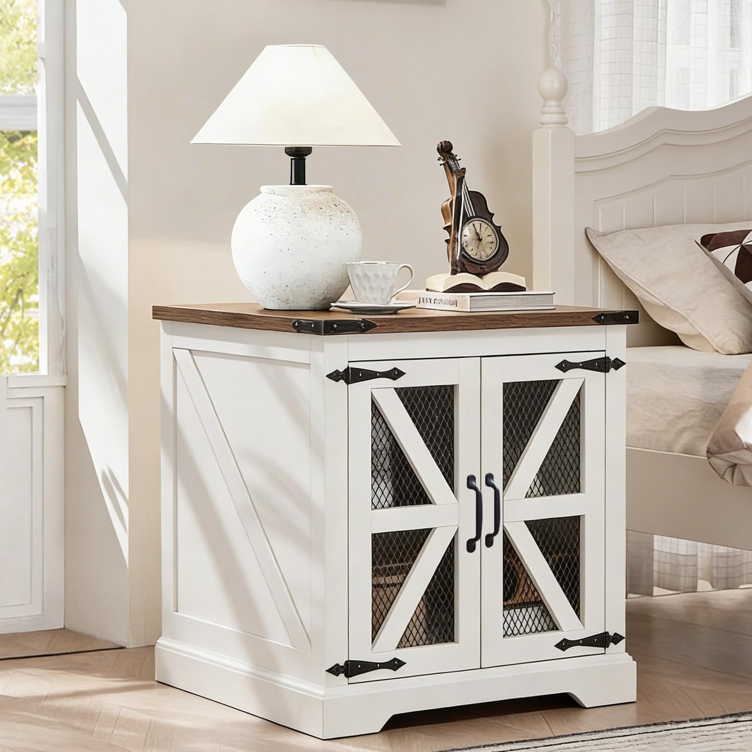 Farmhouse End Table Set with Charging Station, Living Room Tables with Hidden Storage, Wood Square Sofa Bedside Tables, Night Stand with Power Outlet and Door, White