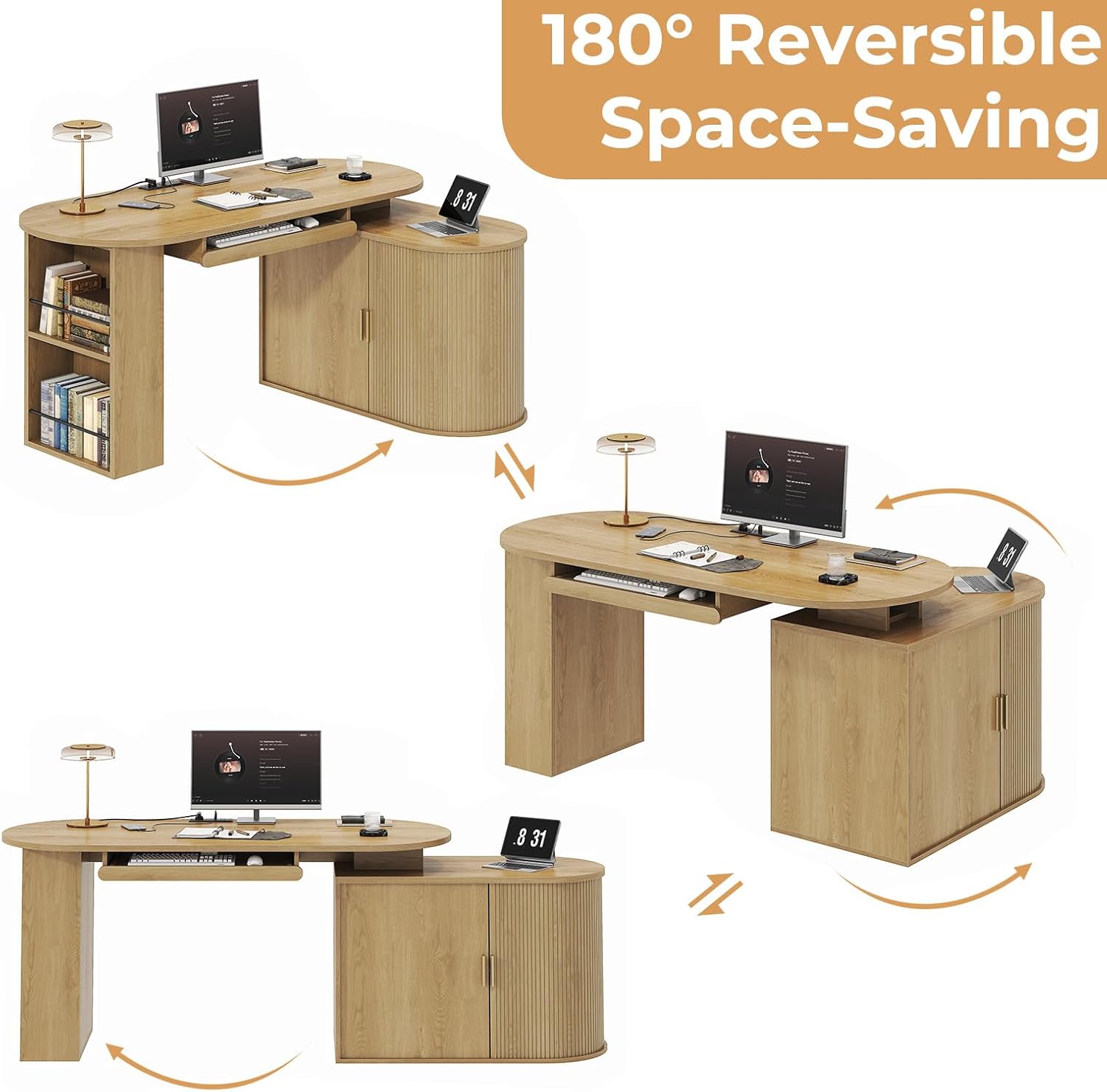 HSH L Shaped Computer Desk with Storage, Reversible Office L Desks with Cabinet and Keyboard Tray, Home Office Corner Executive Desk with Power Outlet, Oak 60 Inch