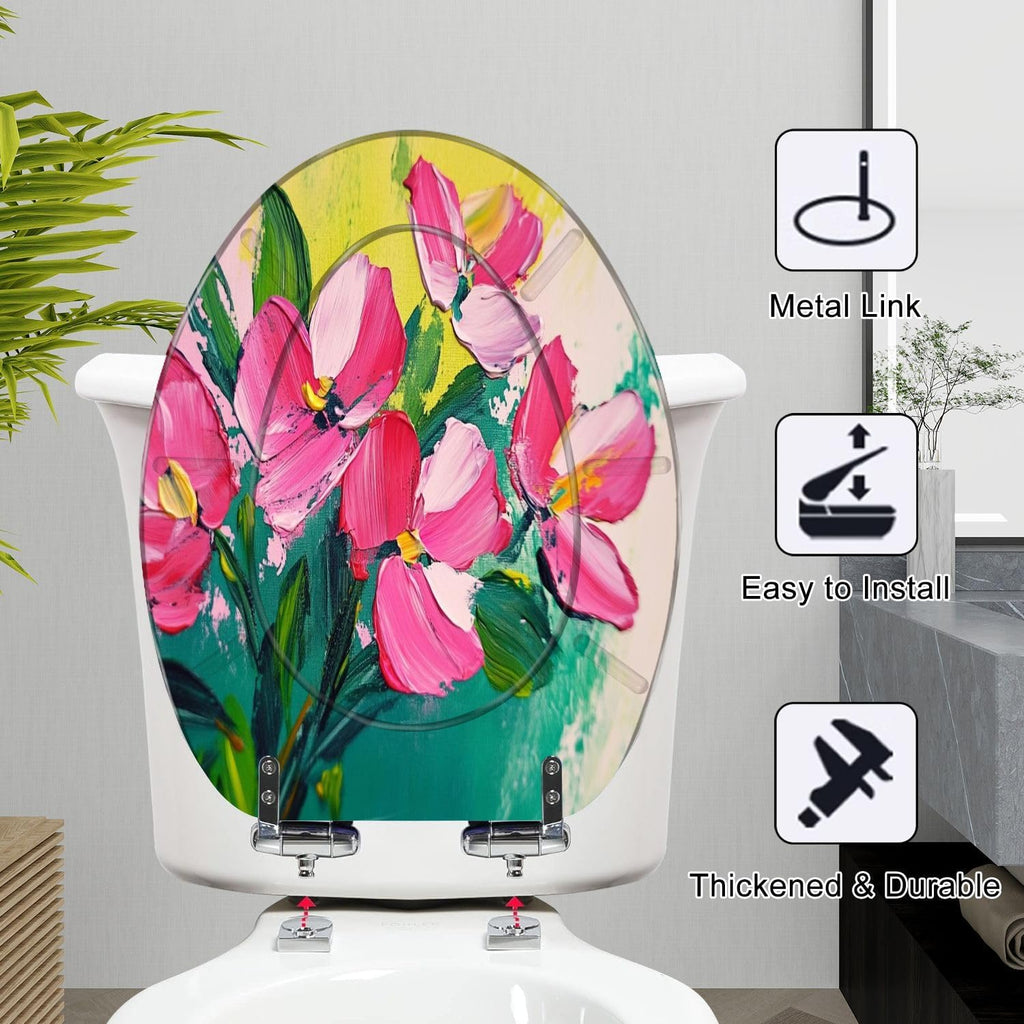 Elongated Toilet Seat drawing flowers green Oil Acrylic impressionistic style Resin Toilet Seat Slow Quiet Close with Quick-Release Hinges Toilet Seat with Cover Easy to Clean Install
