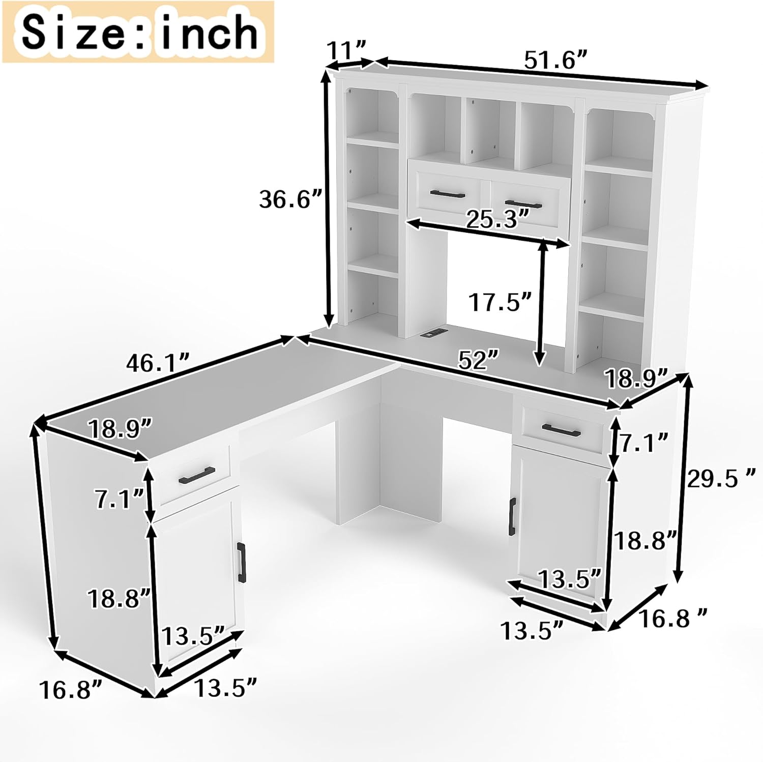 L Shaped Desk with Hutch, Corner Computer Desk with Storage Shelf & Cabinet, Laptop Pc Table Gaming Desk Workstation, Modern Executive Study Writing Desk for Home Office, Bedroom (White)