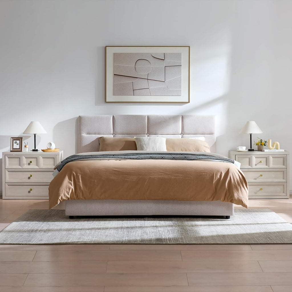 Nightstand Set of 2 W/Charging Station, 30.7' W King Size Bedside Table with 3 Drawers, Accent End Table W/Large Storage, Modern Wood Side Table for Bedroom,Office, Beige
