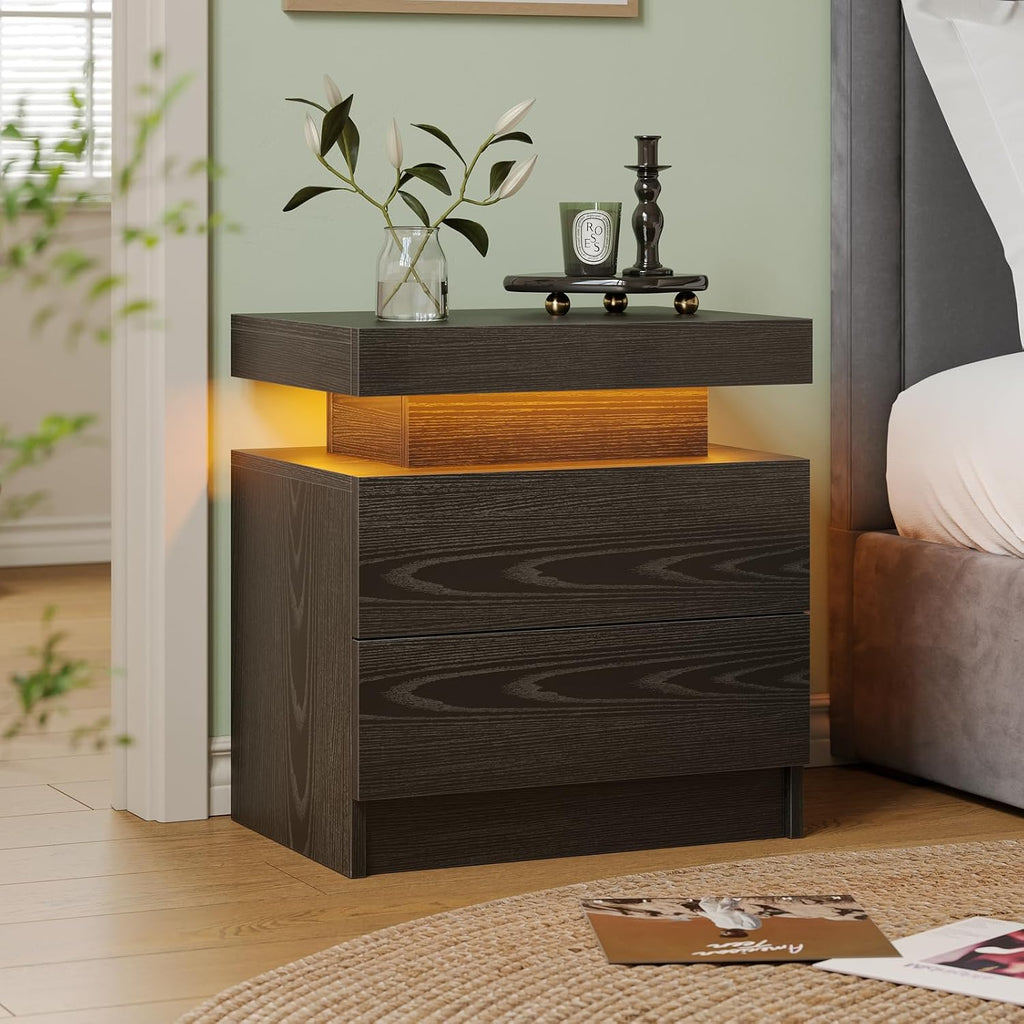 Cubehom Nightstands Set of 2, Bedside Tables with LED Lights, Night Stands with 2 Wood Drawers, End Tables Set of 2 for Living Room/Bedroom