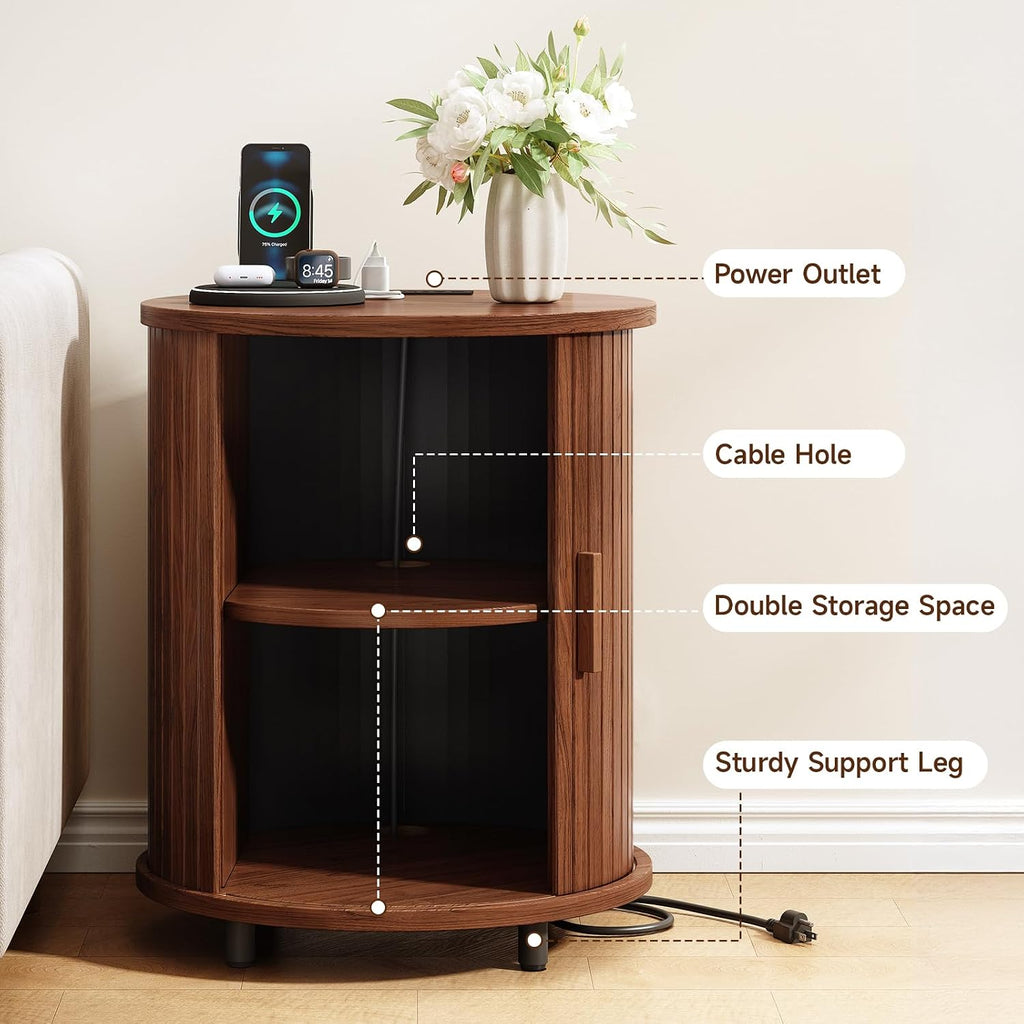 ONBRILL Round End Table Set of 2 with Charging Station, Mid Century Bedside Table with Sliding Door & 2 Tier Storage, Modern Nightstands Set of 2 for Living Room, Bedroom, Entryway, Walnut