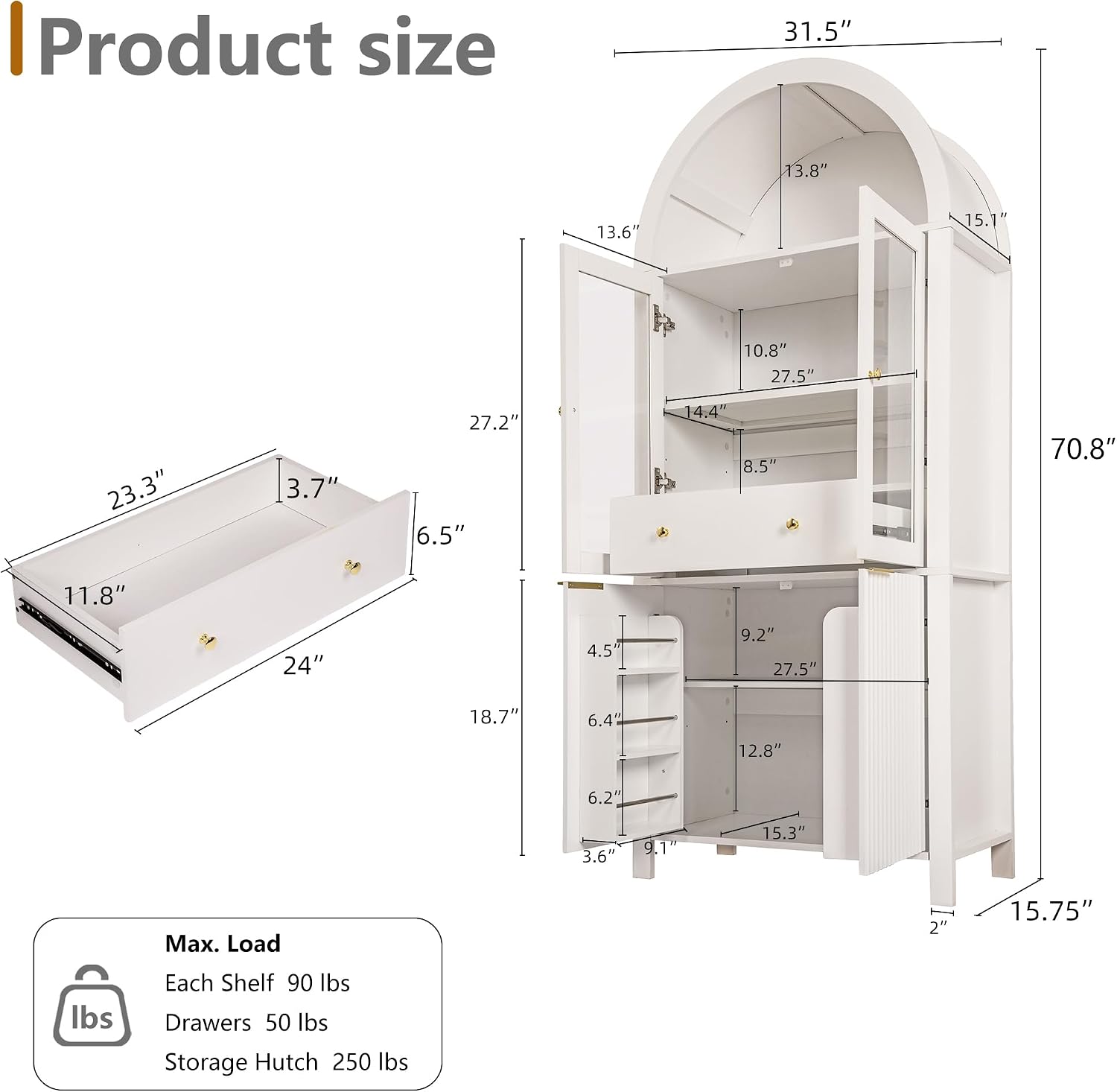 71' Tall Arched Kitchen Pantry with Drawer,Glass Door,Door Racks, Fluted Hutch Cabinet with Storage & Adjustable Shelves,Cupboard Buffet Cabinet for Living Room, Coffee Bar Corner(Natural)