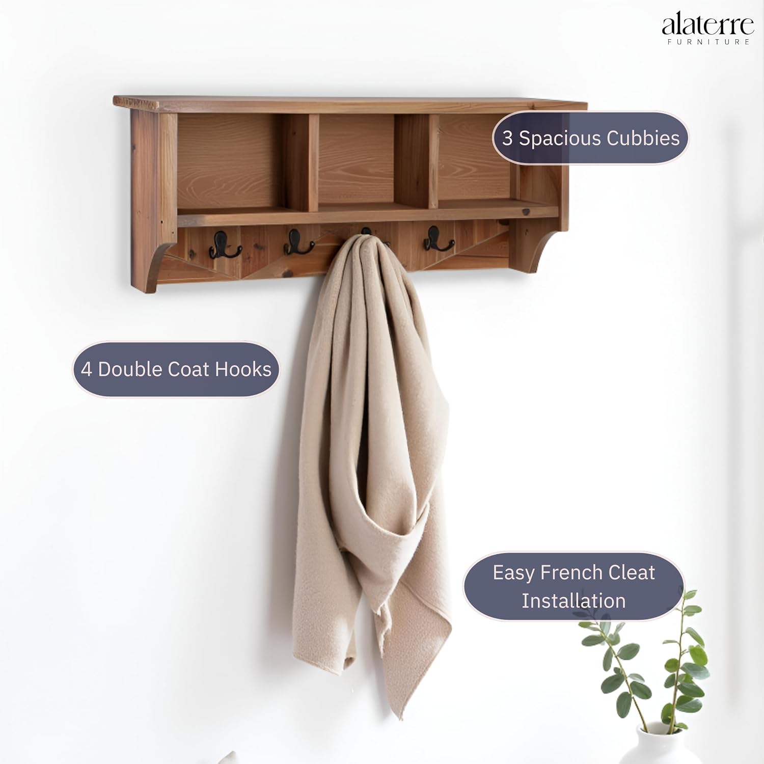 Revive Solid Wood Wall Mounted Coat Rack with 3 Cubbies and 4 Double Hooks – 36' Entryway Wall Shelf Organizer with Easy Installation for Hallway or Mudroom Storage by Alaterre Furniture (Natural)