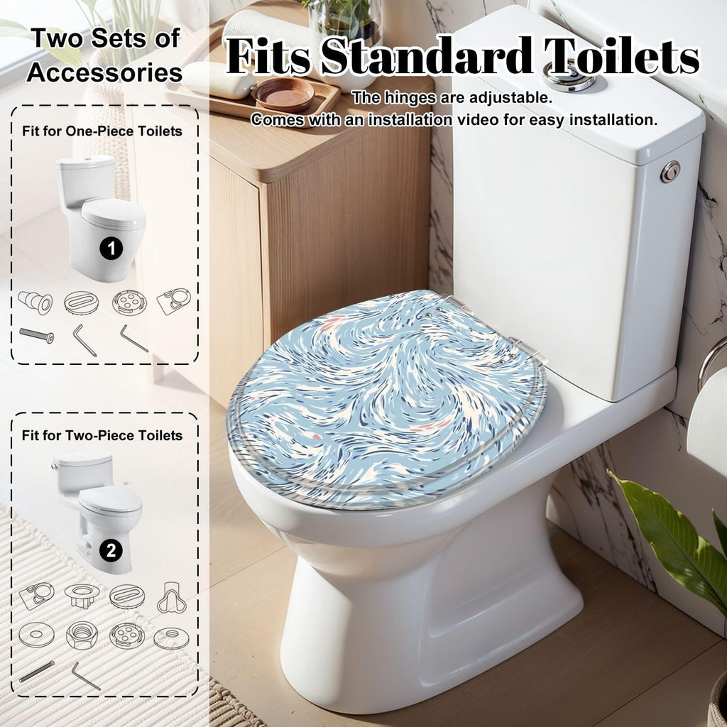 Round Toilet Seat Abstract Hand Drawing Liquid Fluid Wavy Swirl Marbling Leopard Cheetah Resin Toilet Seat Slow Quiet Close Lid with Quick-Release Hinges Cover Bumpers Easy to Clean Install
