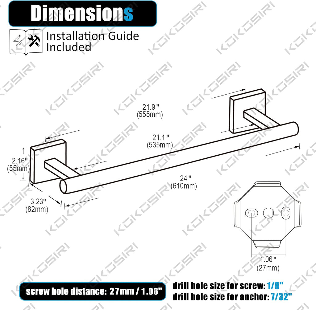 KOKOSIRI 24 Inch Hand Towel Bar Bathroom Towel Holder for Bath Standing Towel Rack for 2-Tier Towel Holder with Heavy Marble Base Matte Black B4005BK-L24+THS0005-BK